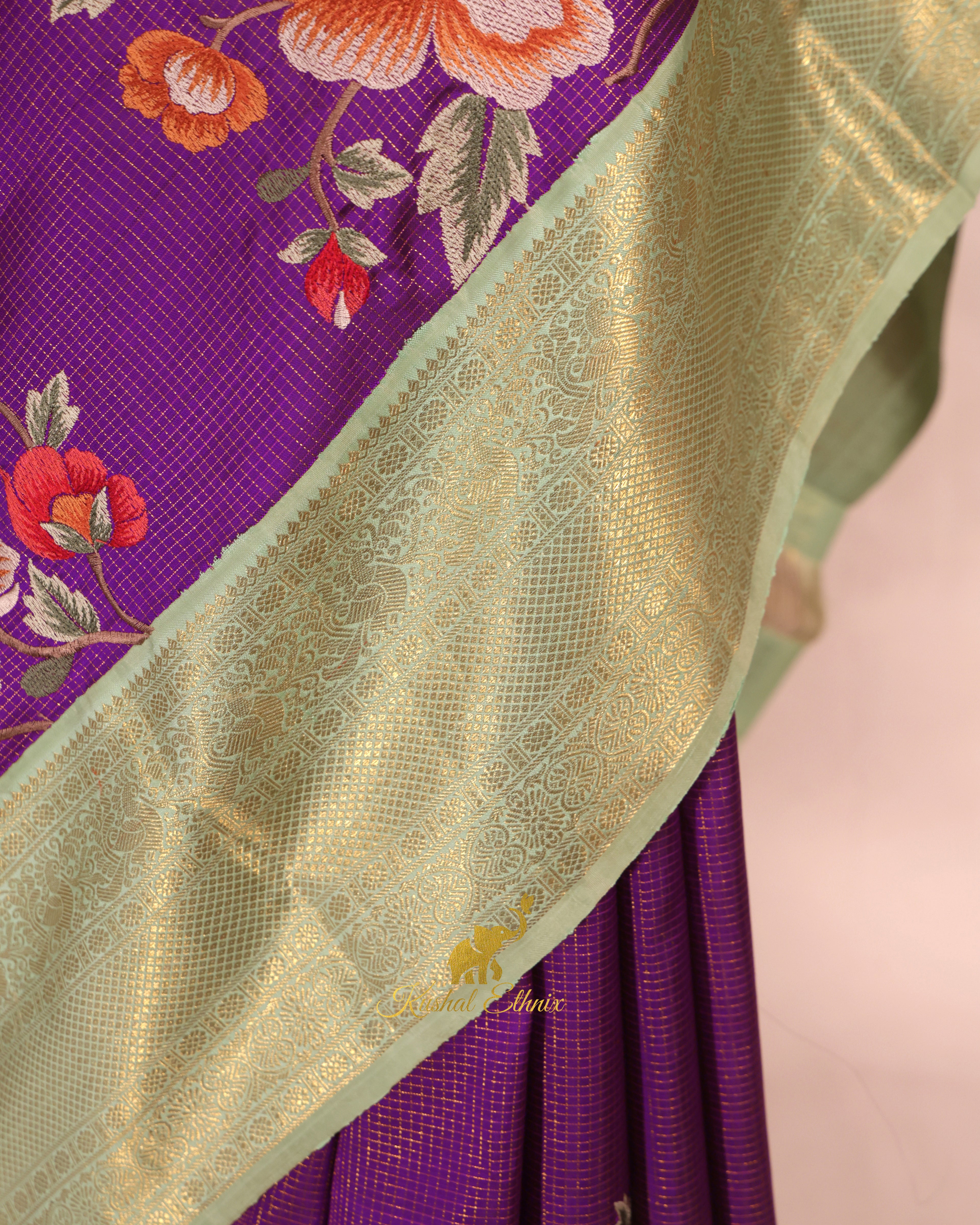 Purple Kanchipattu Saree with Petit Point Work