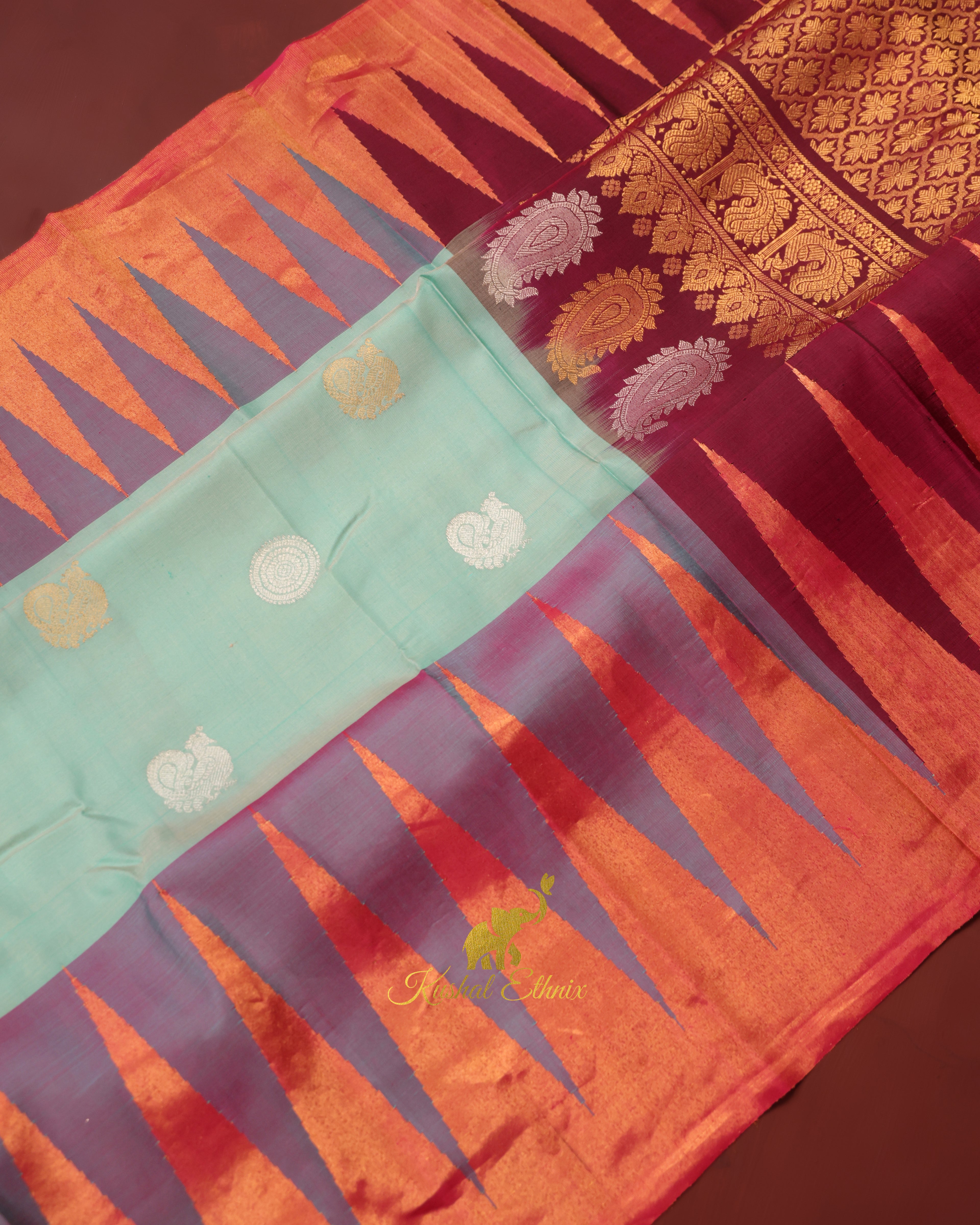 Mint Green Gadwal Silk Saree with Tissue Temple Border