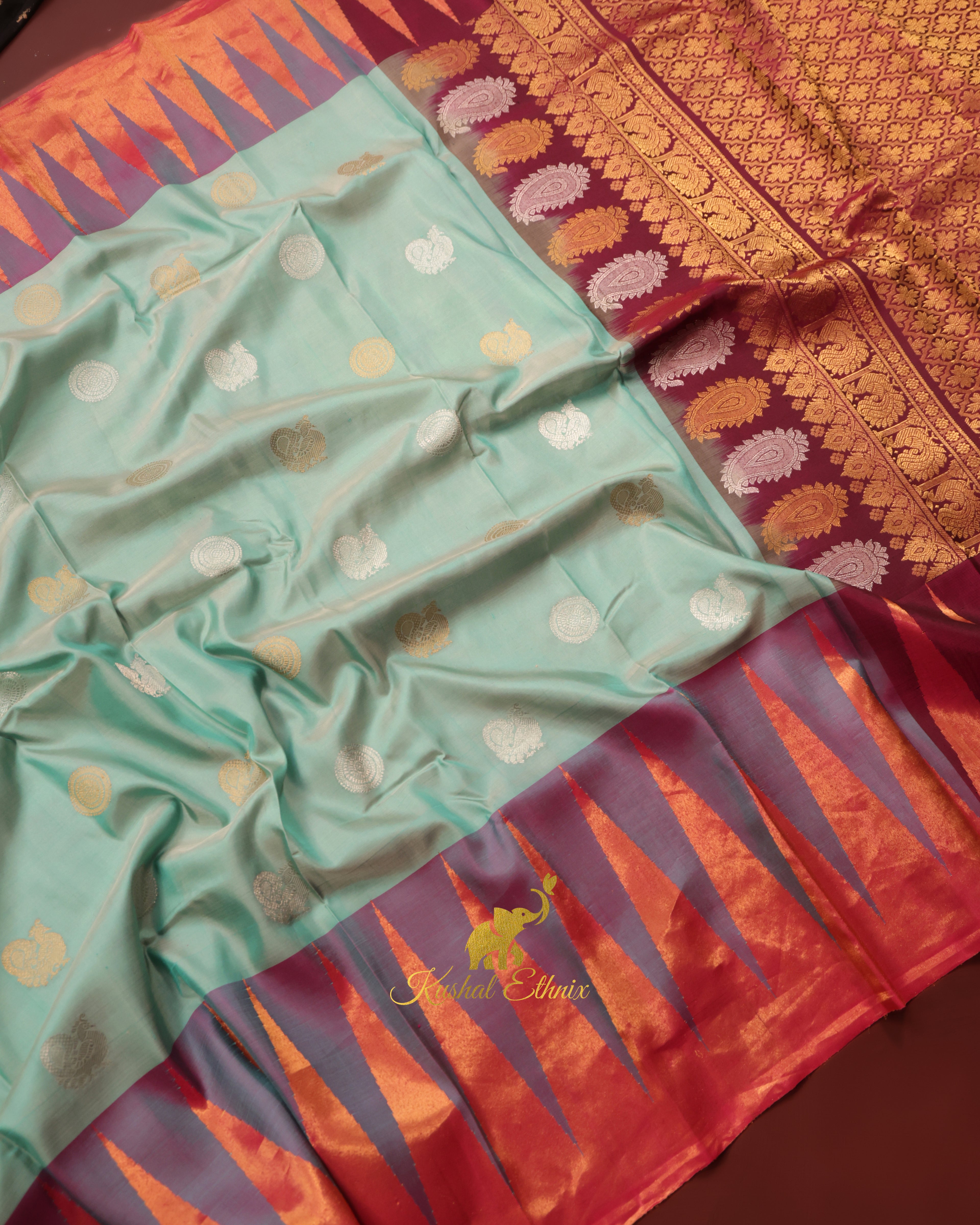 Mint Green Gadwal Silk Saree with Tissue Temple Border