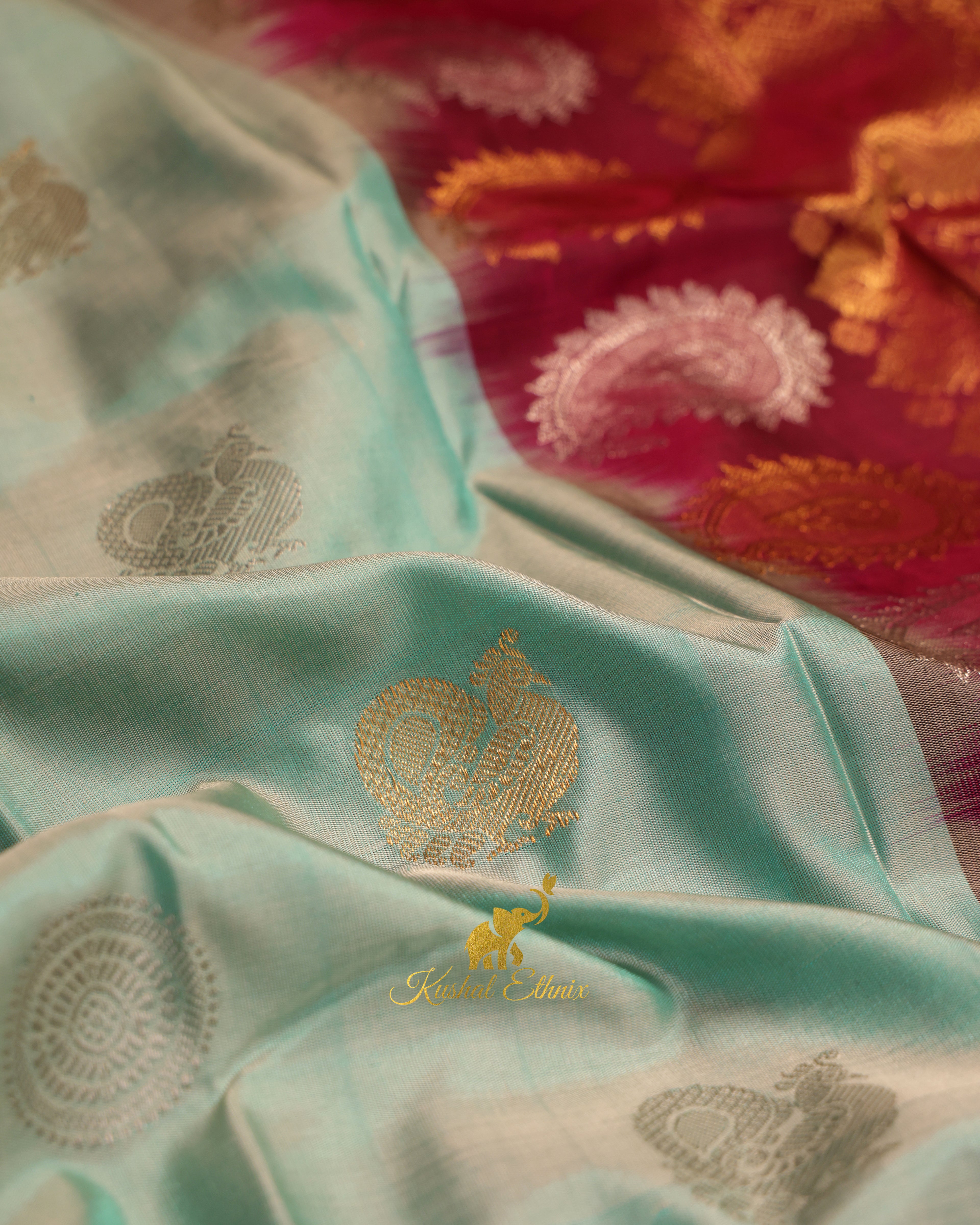 Mint Green Gadwal Silk Saree with Tissue Temple Border
