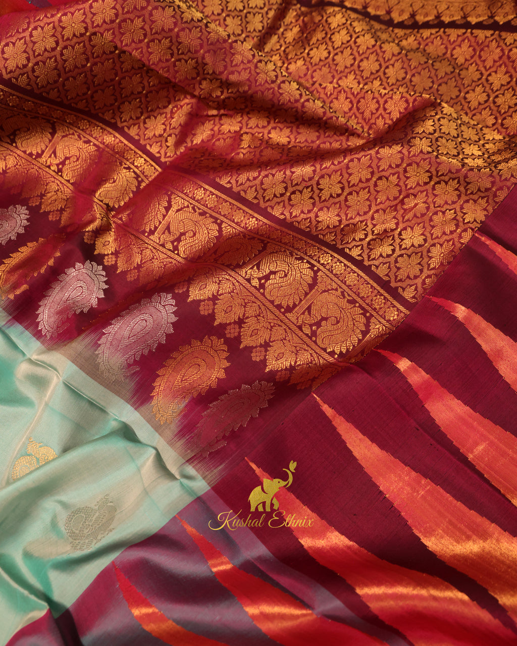 Mint Green Gadwal Silk Saree with Tissue Temple Border