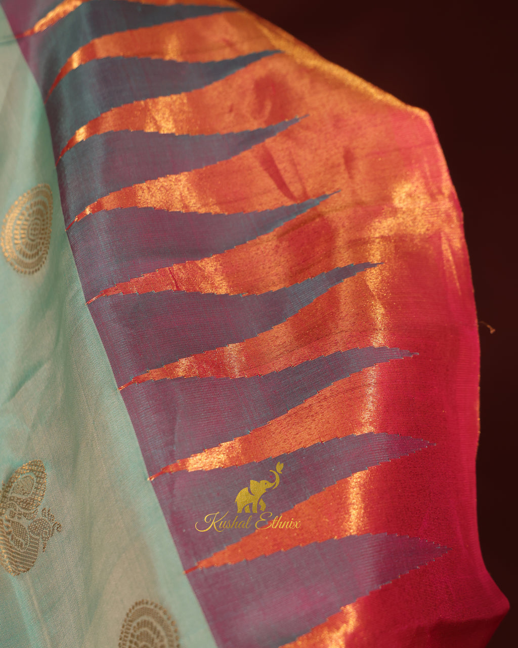 Mint Green Gadwal Silk Saree with Tissue Temple Border