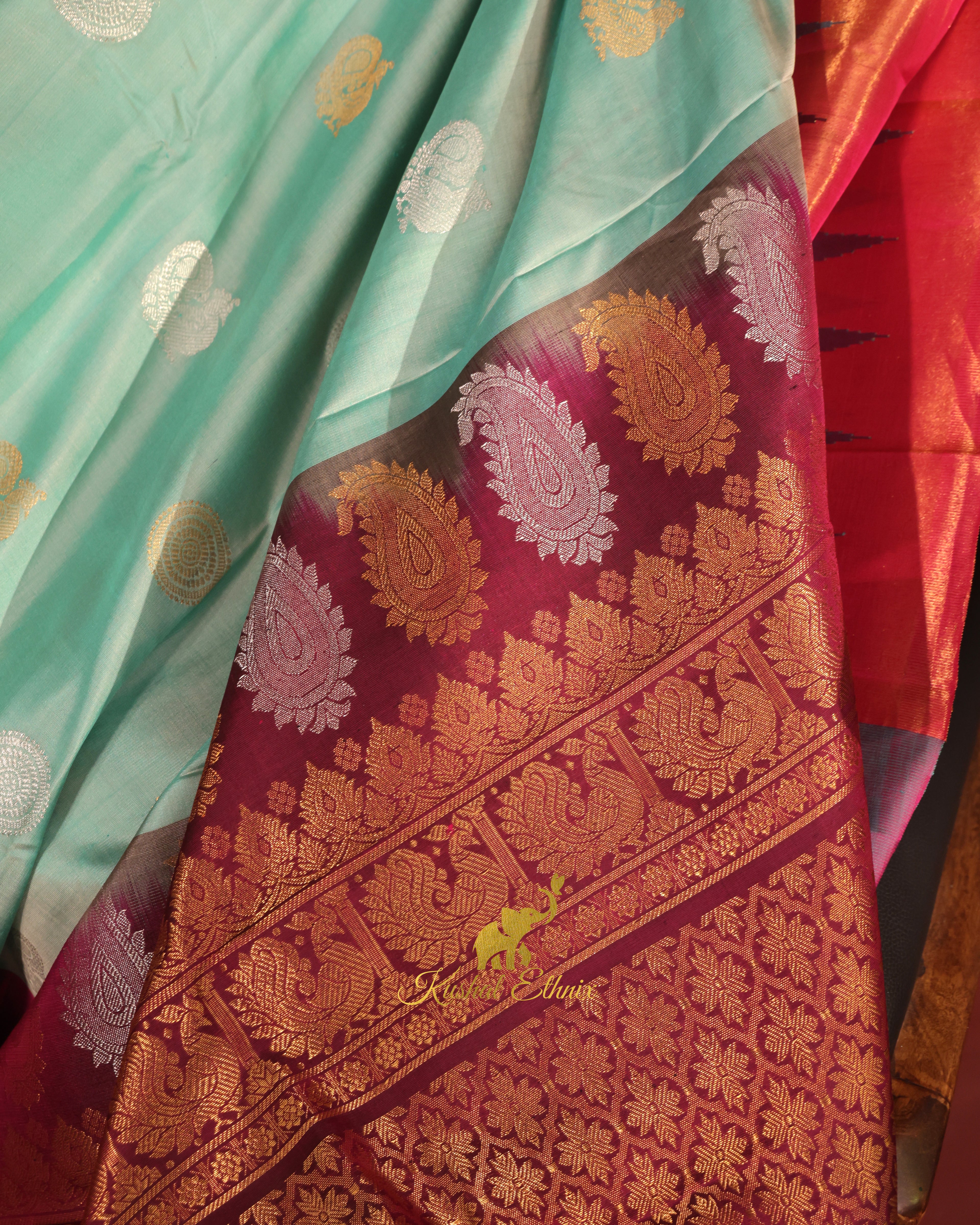 Mint Green Gadwal Silk Saree with Tissue Temple Border
