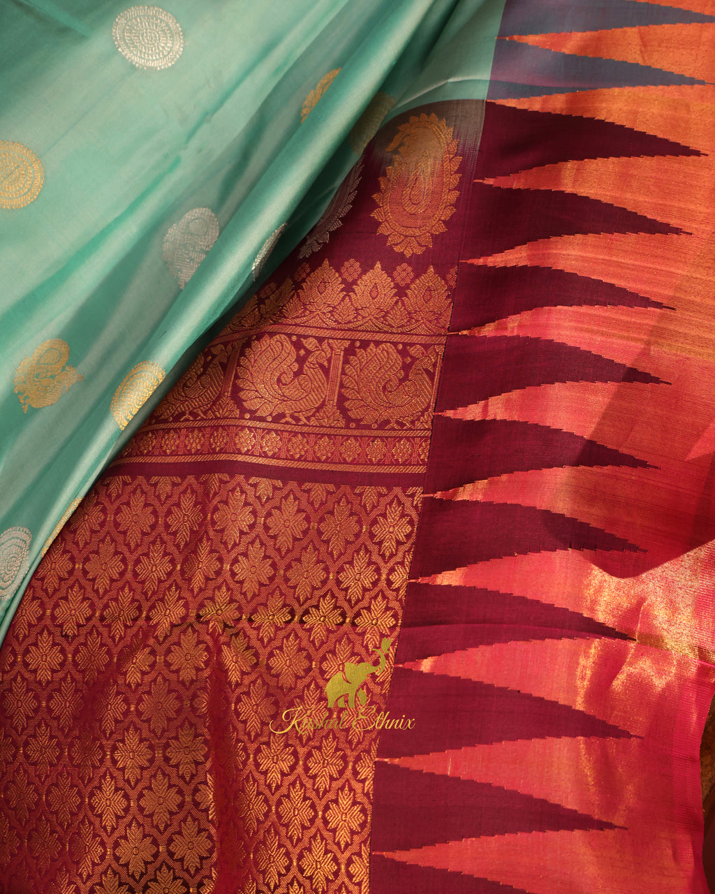 Mint Green Gadwal Silk Saree with Tissue Temple Border