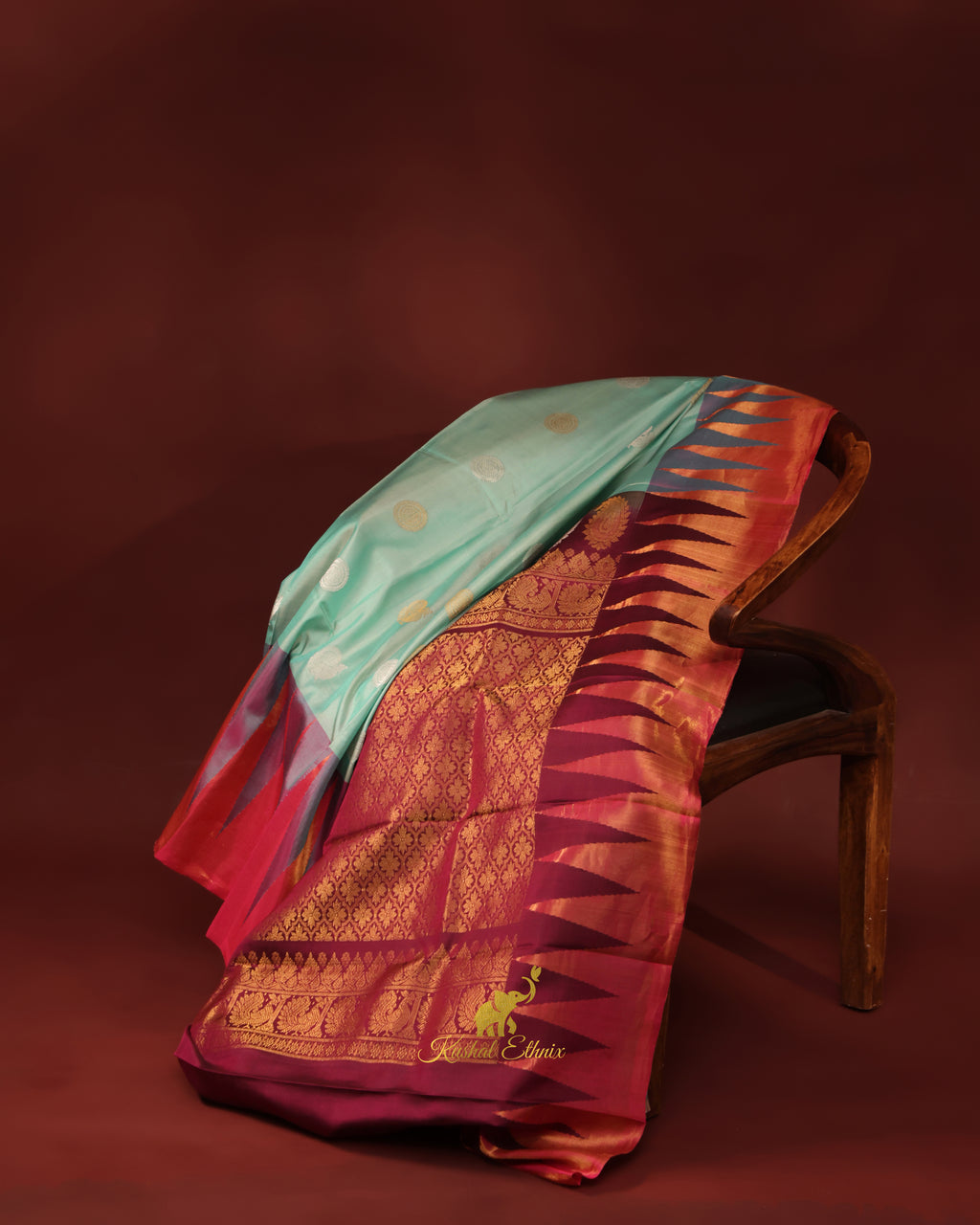 Mint Green Gadwal Silk Saree with Tissue Temple Border