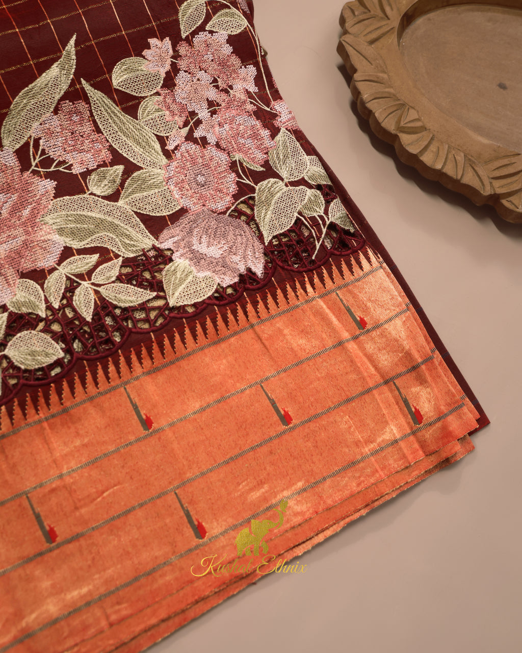 Maroon Paithani Saree with Cutwork & Petit Point work
