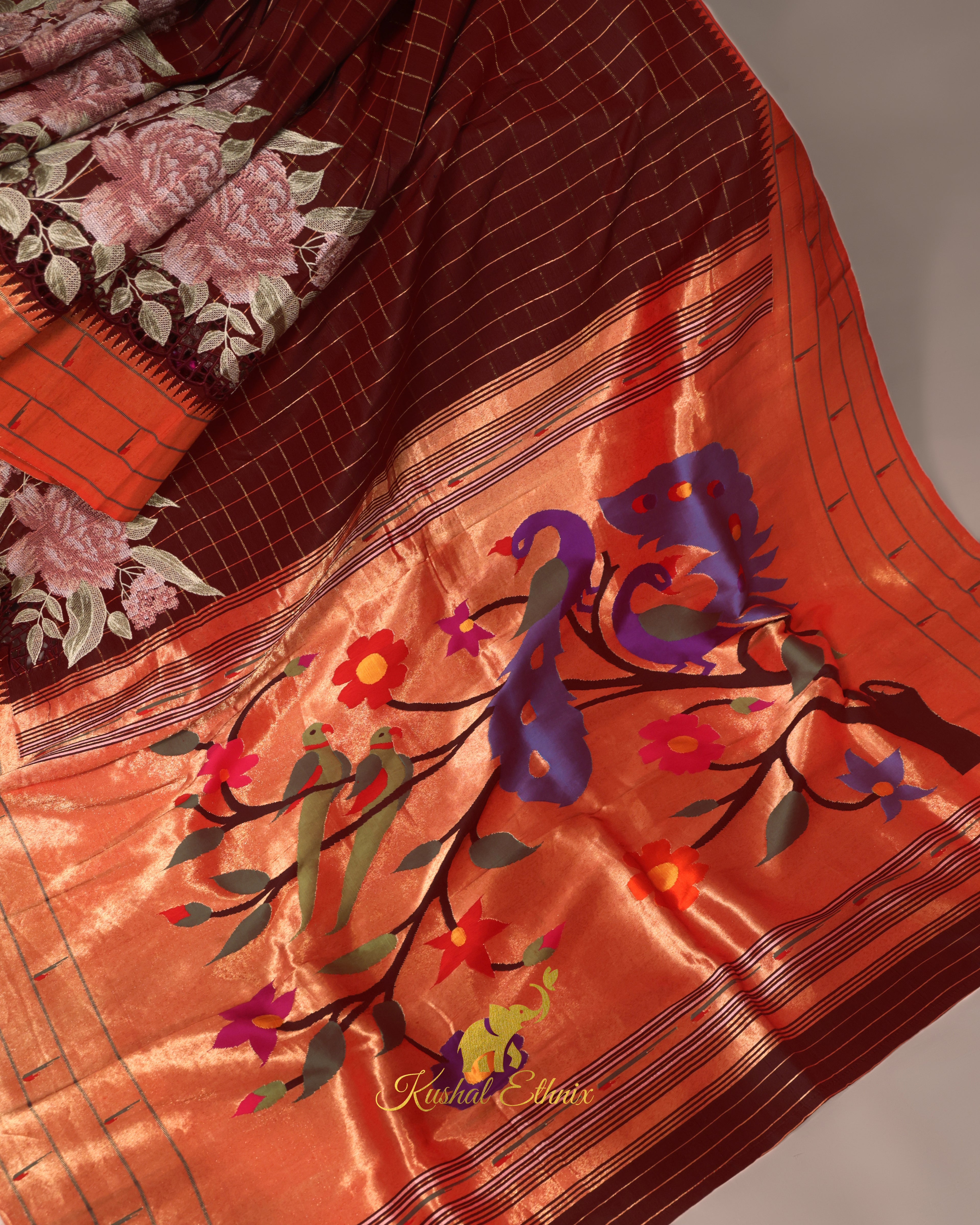 Maroon Paithani Saree with Cutwork & Petit Point work