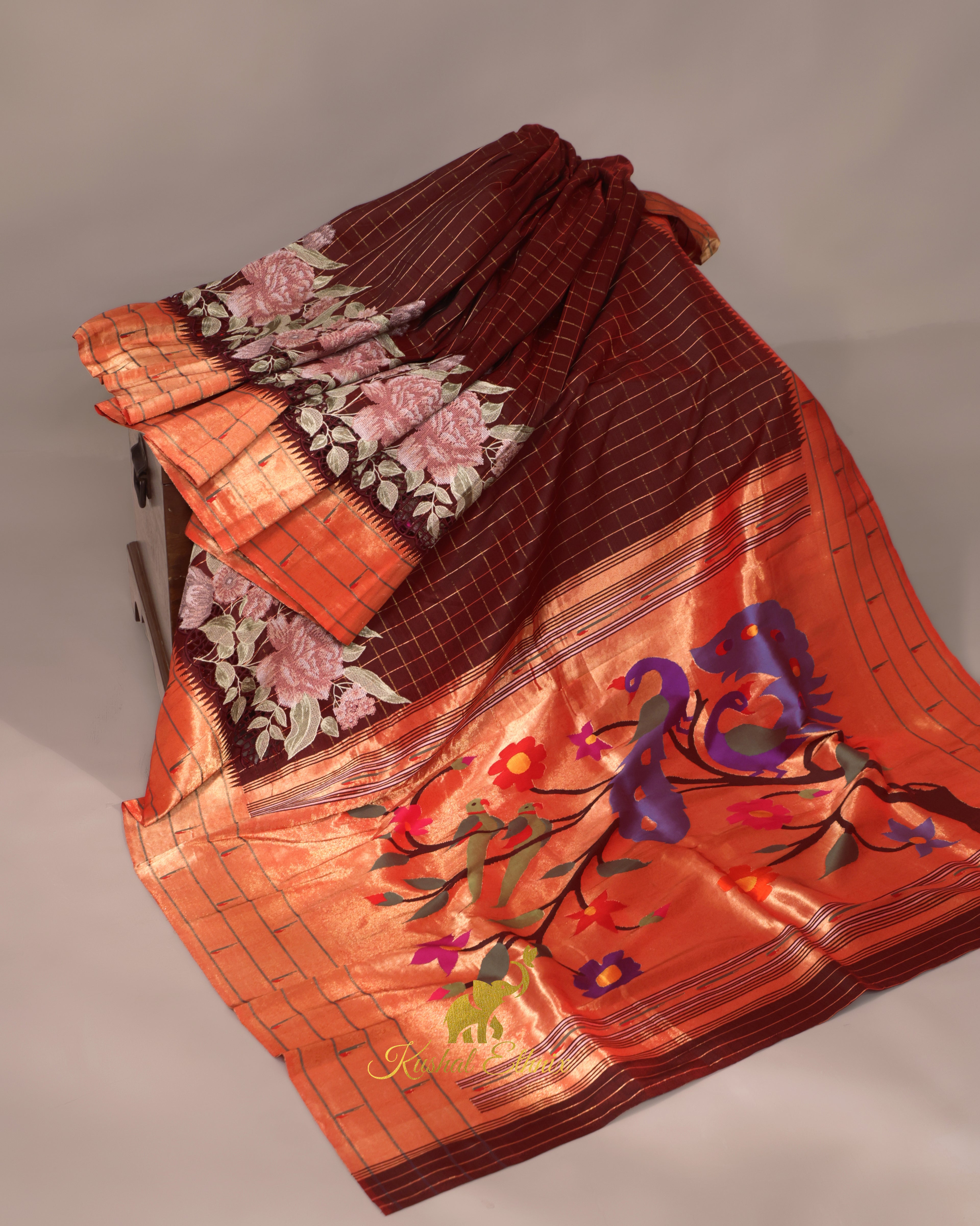 Maroon Paithani Saree with Cutwork & Petit Point work