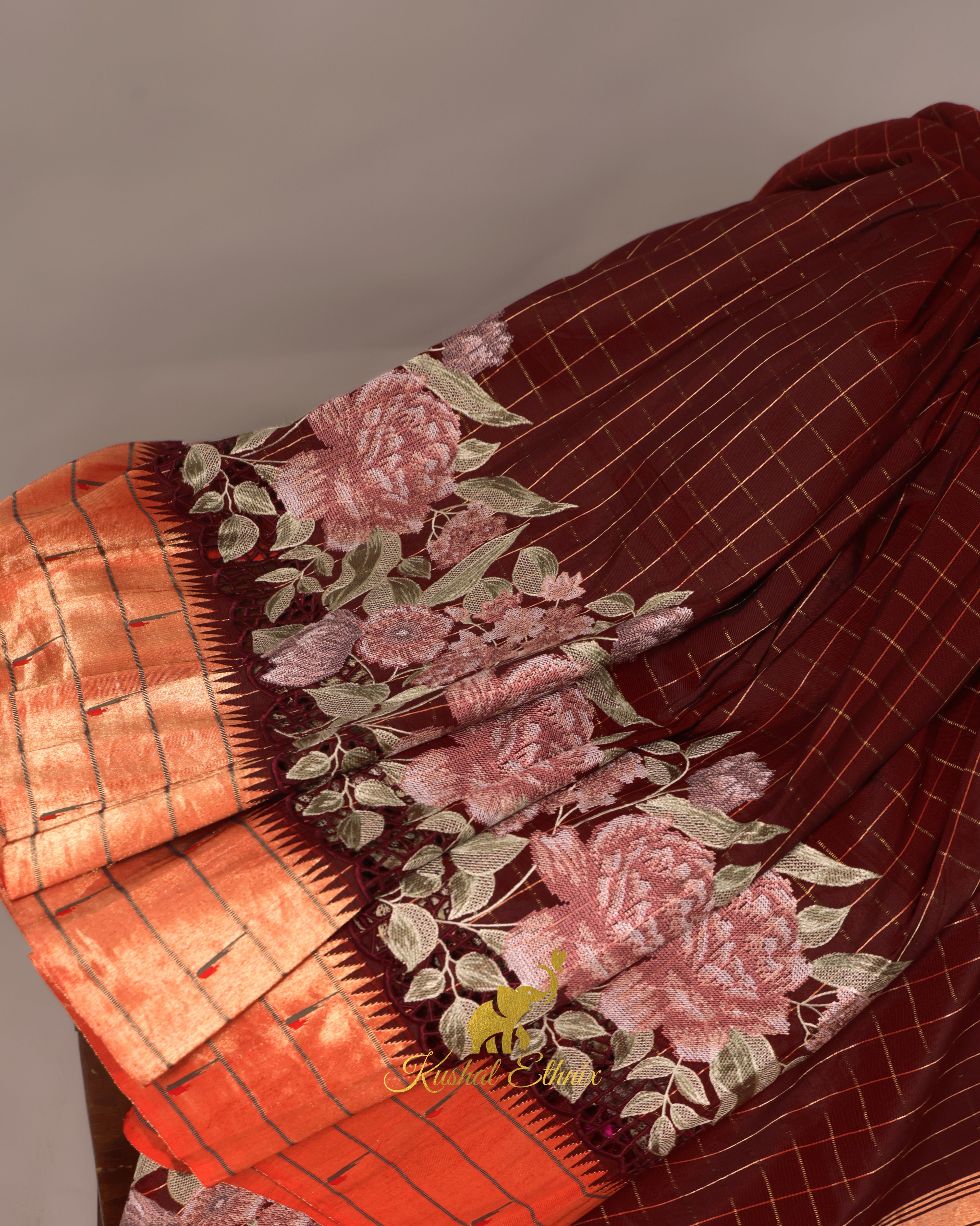 Maroon Paithani Saree with Cutwork & Petit Point work