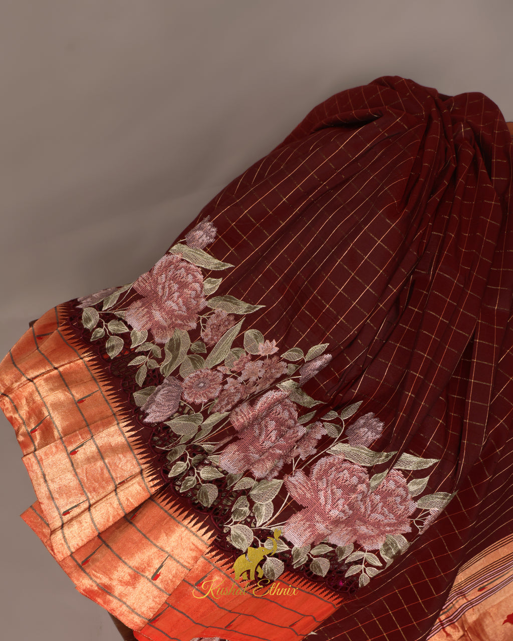 Maroon Paithani Saree with Cutwork & Petit Point work