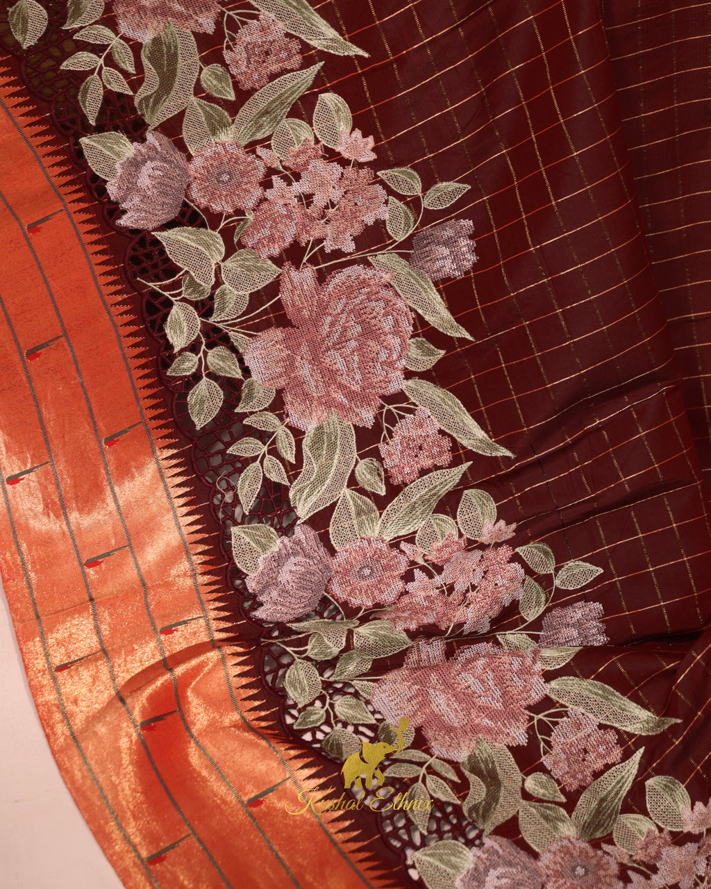 Maroon Paithani Saree with Cutwork & Petit Point work