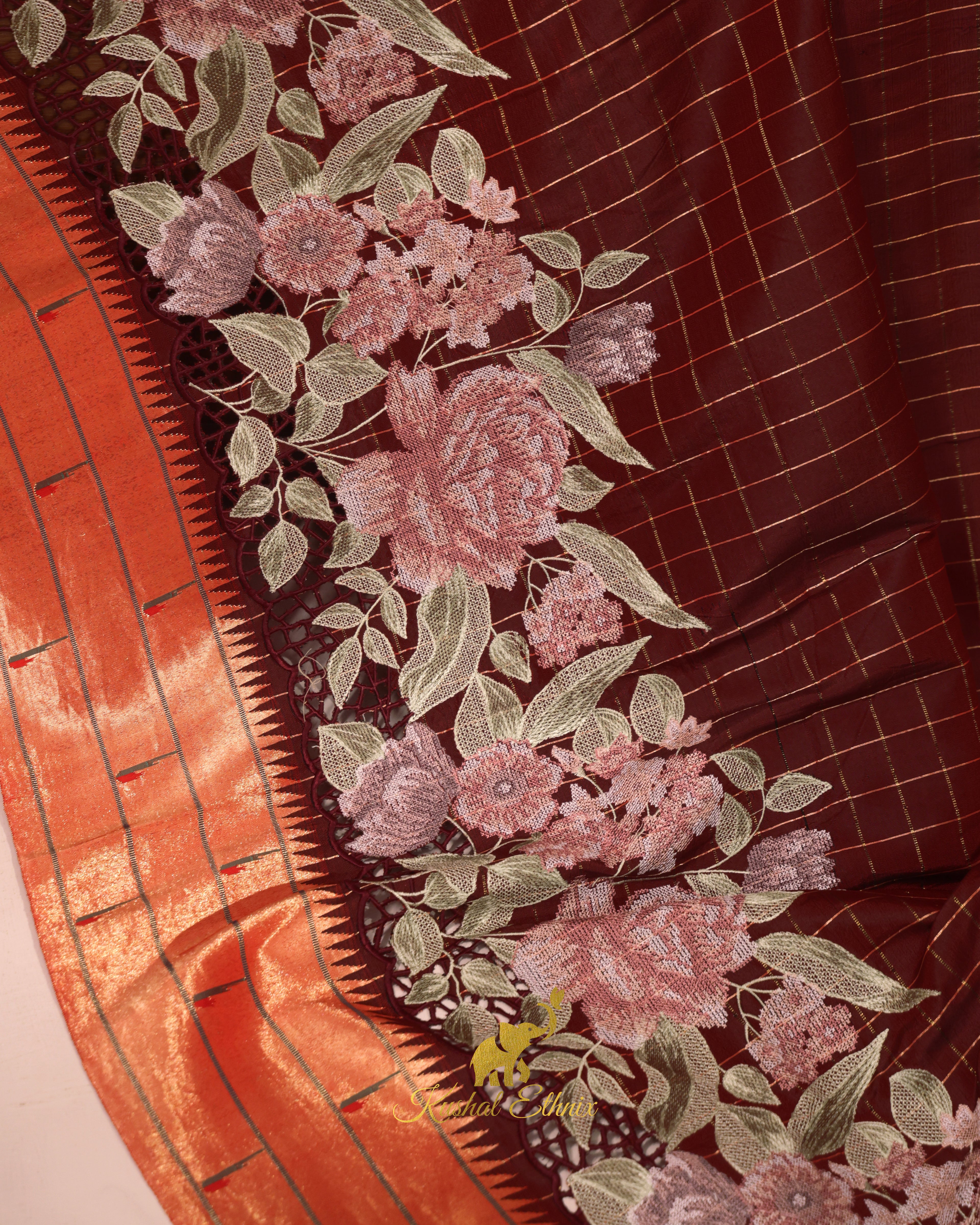 Maroon Paithani Saree with Cutwork & Petit Point work