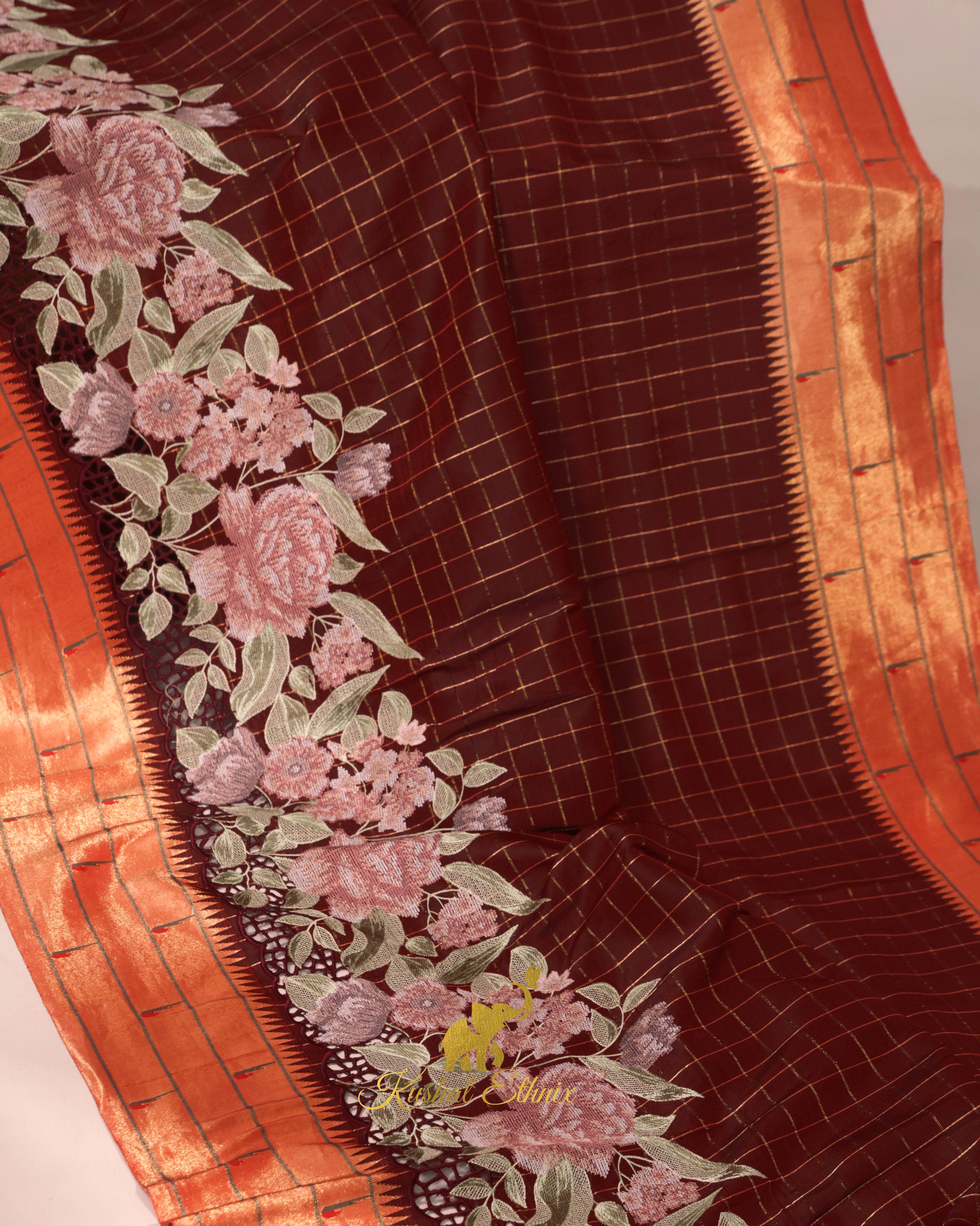 Maroon Paithani Saree with Cutwork & Petit Point work
