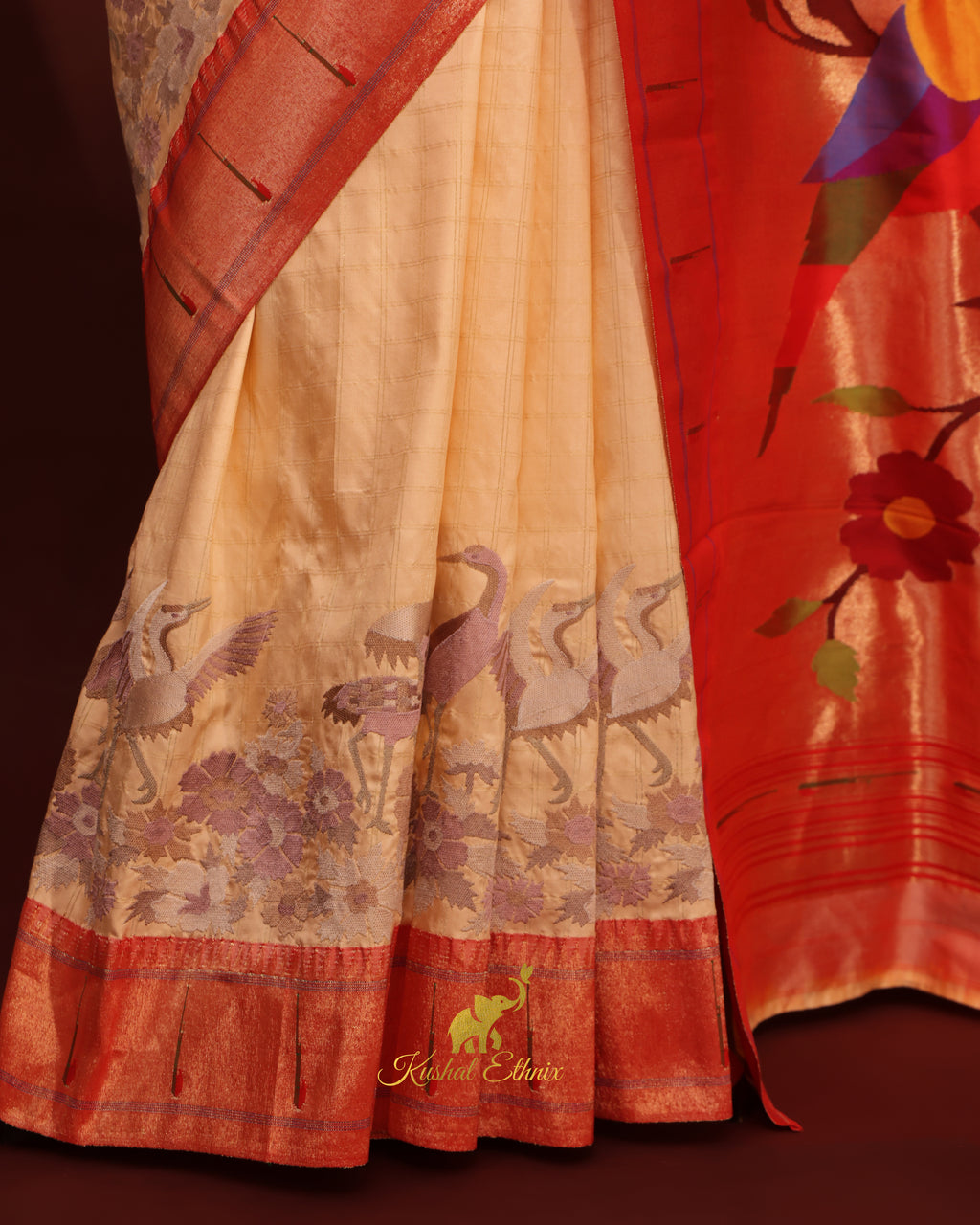 Beige Paithani Saree with Single Muniya Border & Parsigara Embroidery