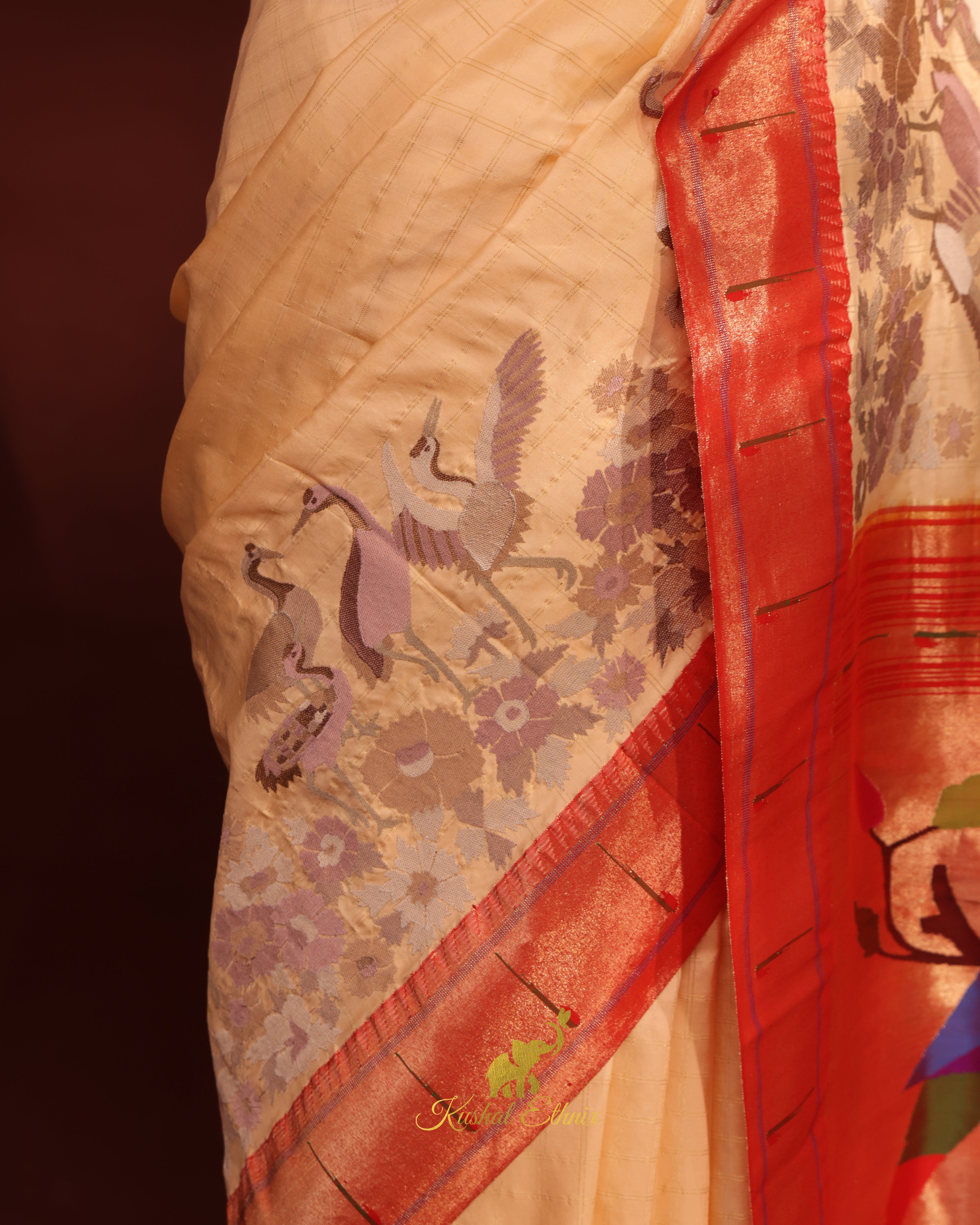 Beige Paithani Saree with Single Muniya Border & Parsigara Embroidery