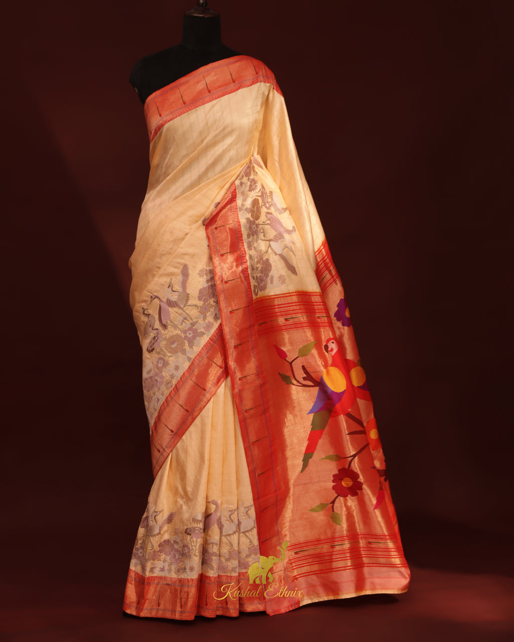 Beige Paithani Saree with Single Muniya Border & Parsigara Embroidery
