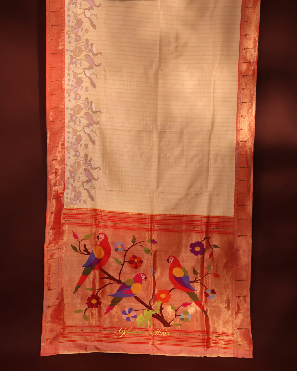Beige Paithani Saree with Single Muniya Border & Parsigara Embroidery