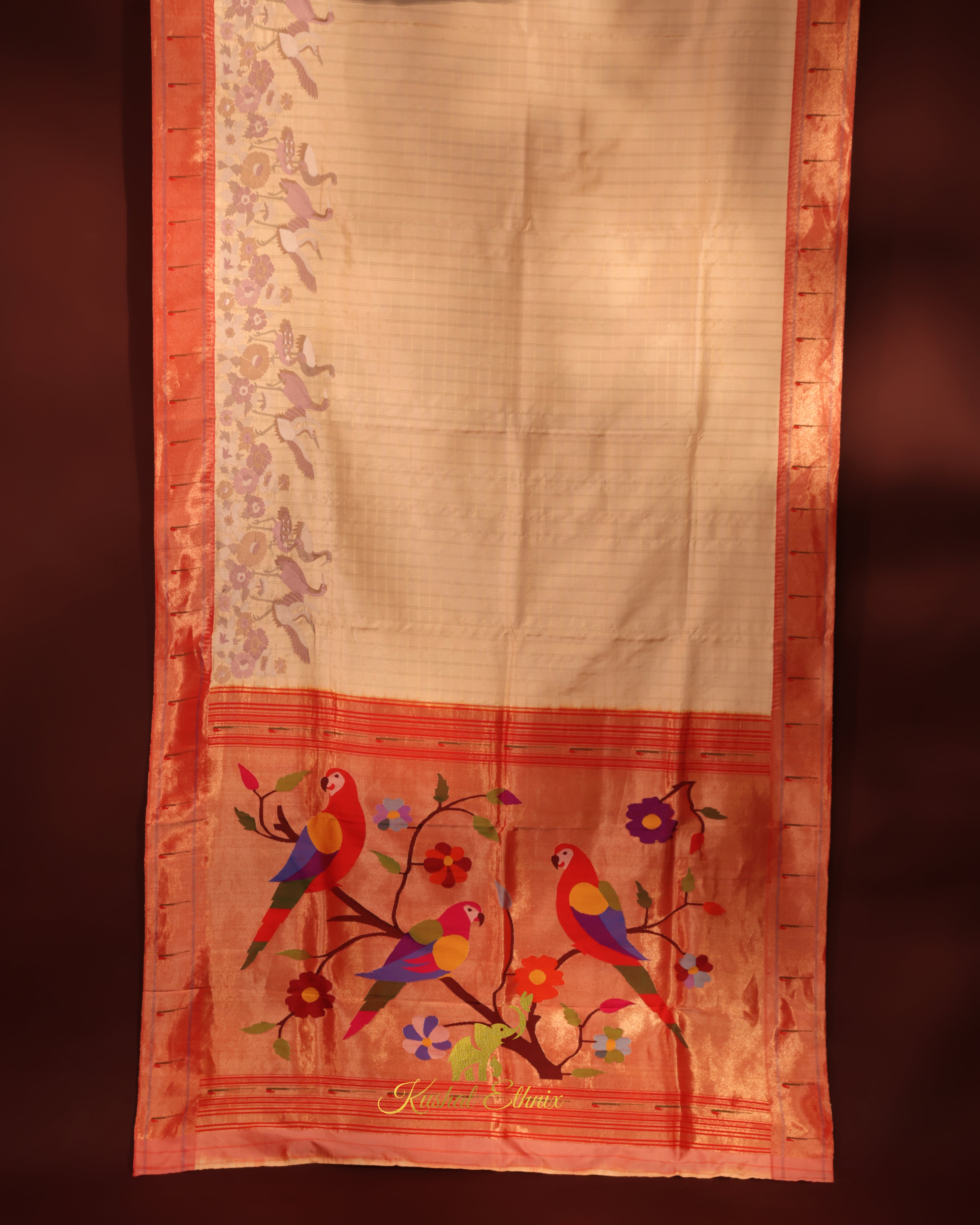 Beige Paithani Saree with Single Muniya Border & Parsigara Embroidery