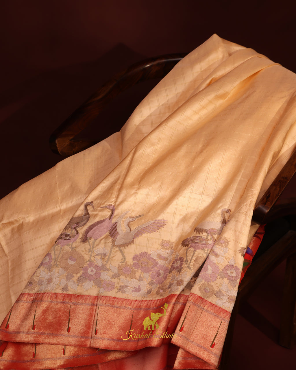 Beige Paithani Saree with Single Muniya Border & Parsigara Embroidery