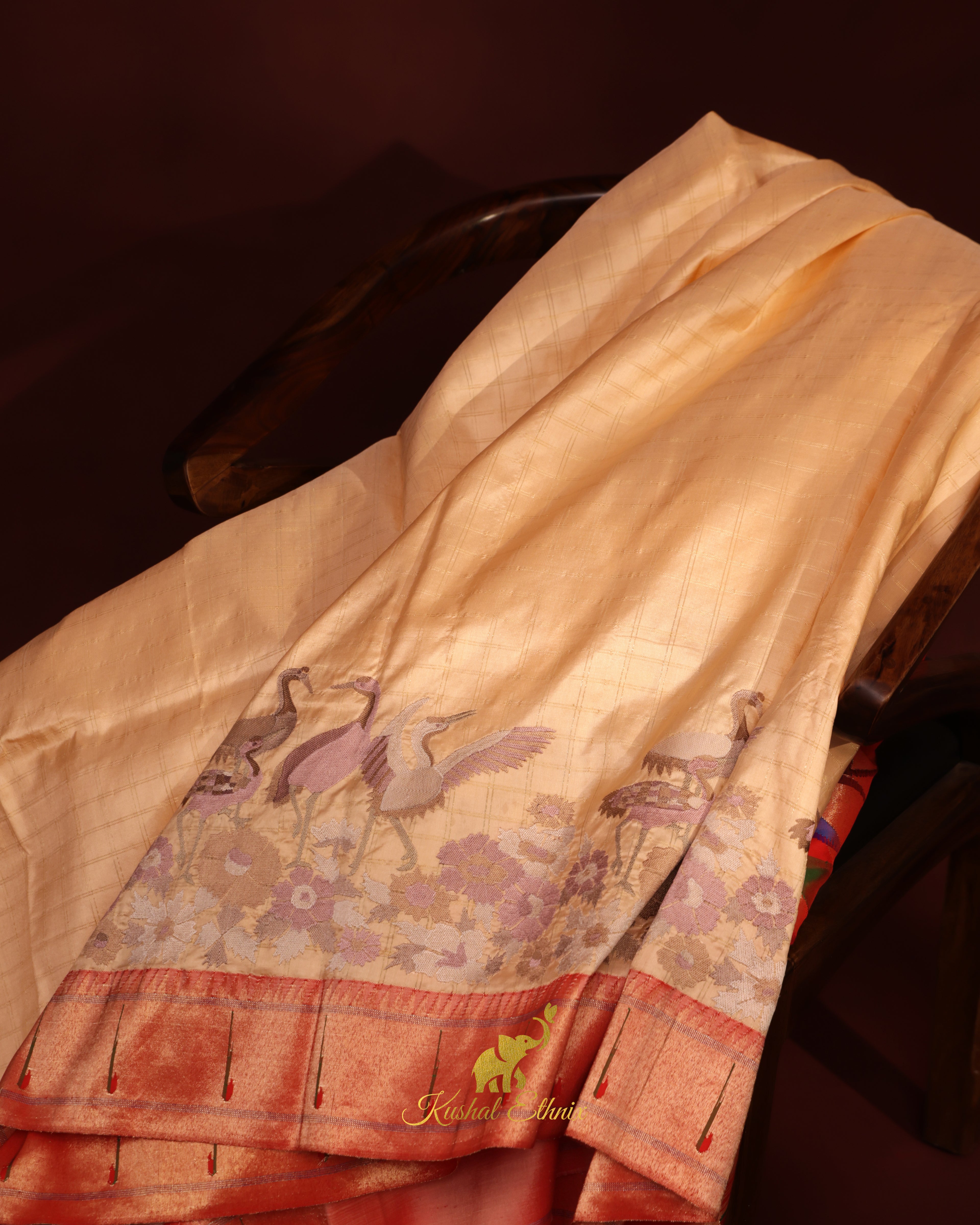 Beige Paithani Saree with Single Muniya Border & Parsigara Embroidery