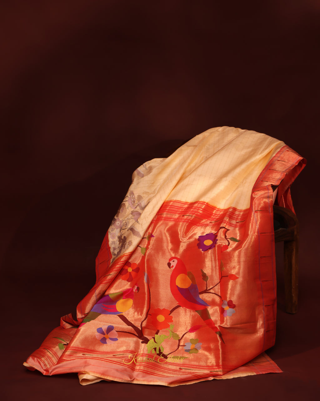 Beige Paithani Saree with Single Muniya Border & Parsigara Embroidery