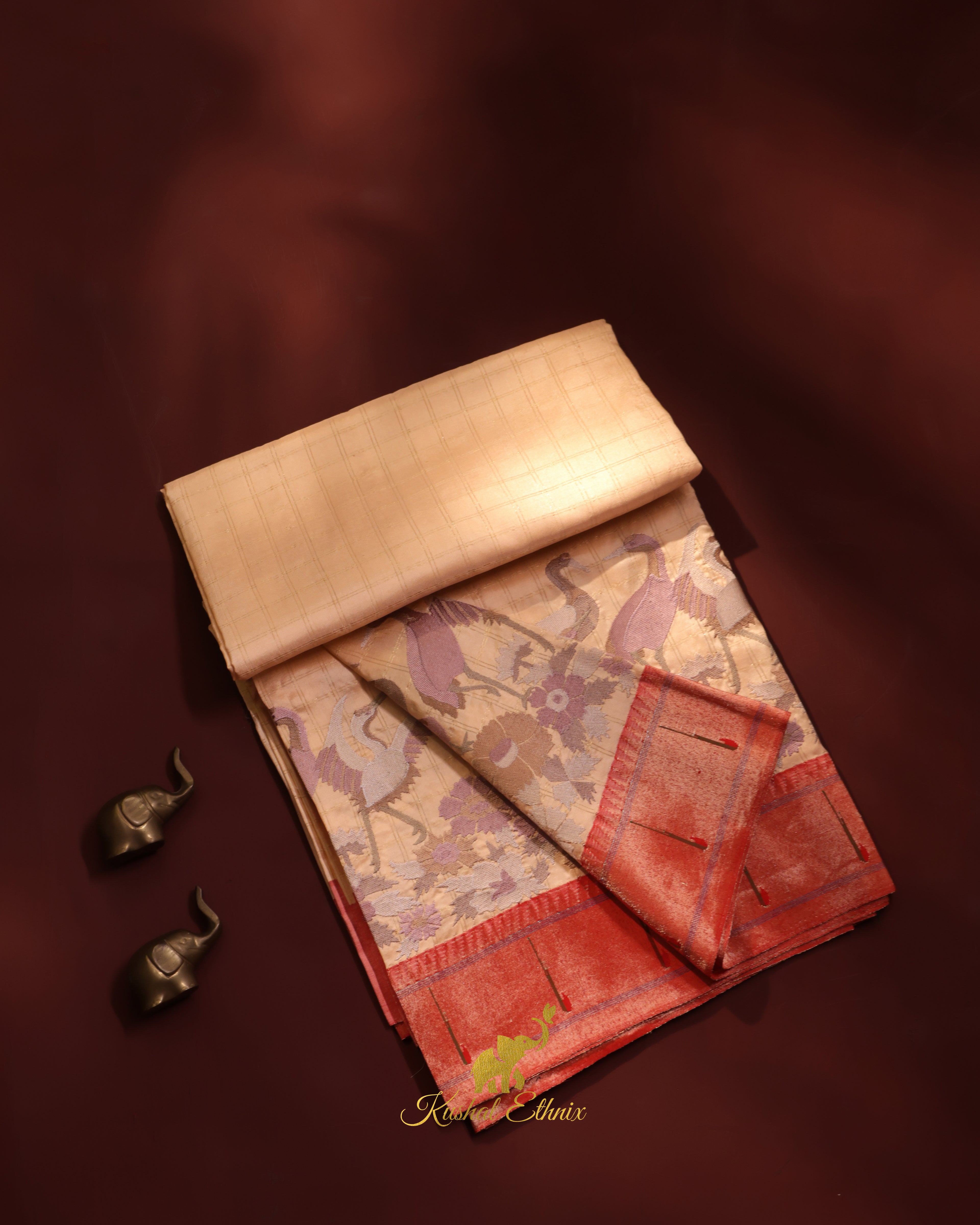 Beige Paithani Saree with Single Muniya Border & Parsigara Embroidery