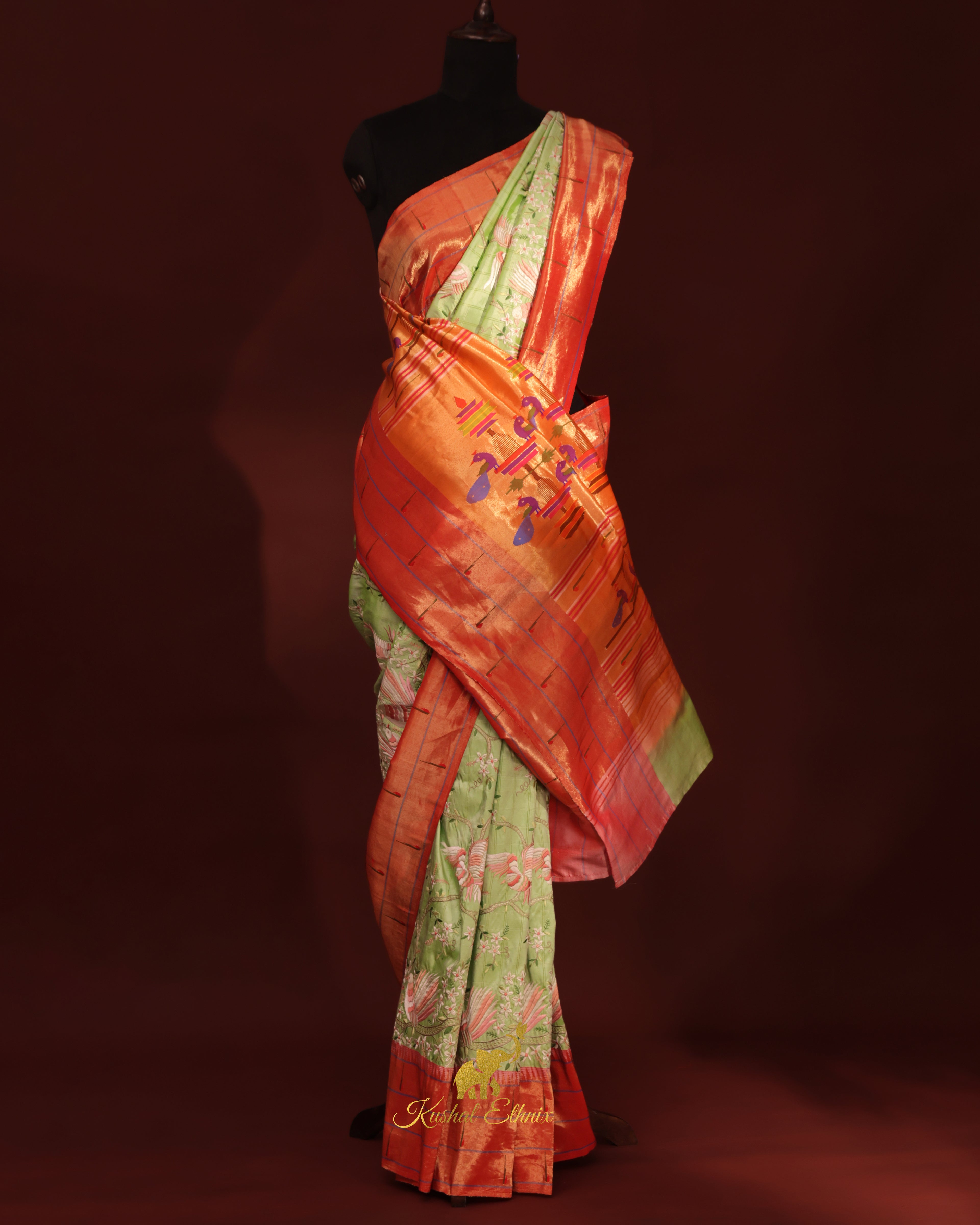 Pastel Green Paithani Saree with Petit Point Work