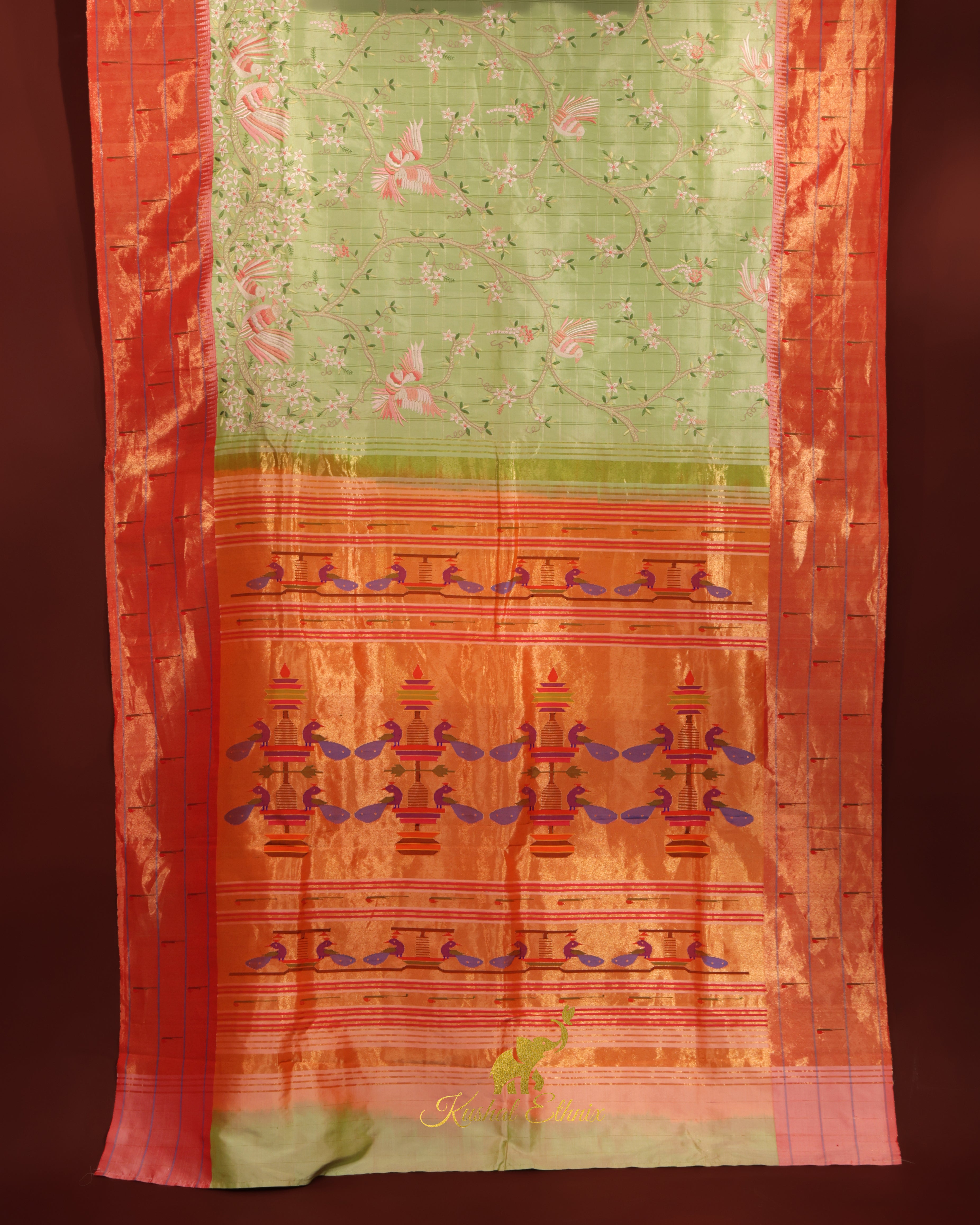 Pastel Green Paithani Saree with Petit Point Work
