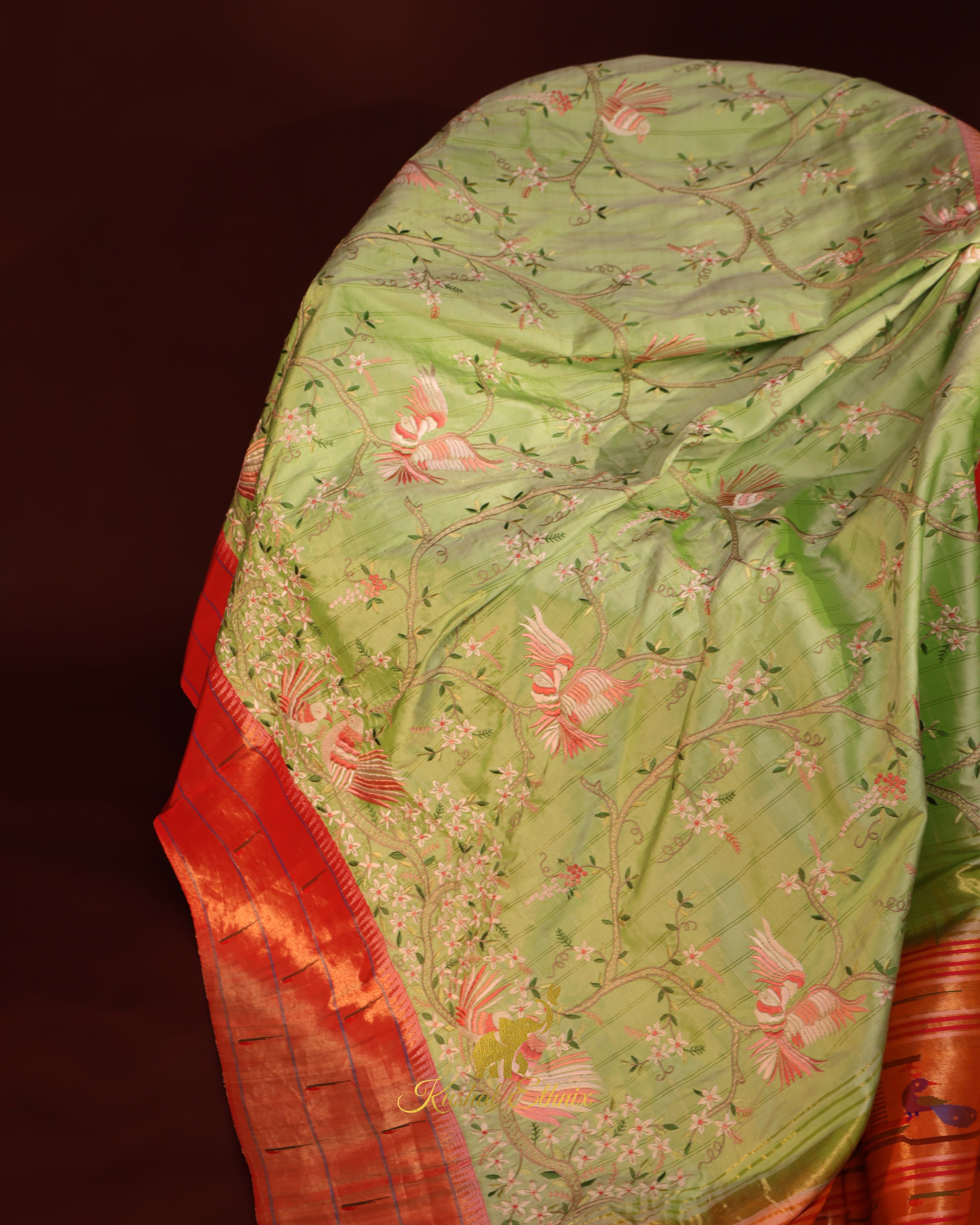 Pastel Green Paithani Saree with Petit Point Work