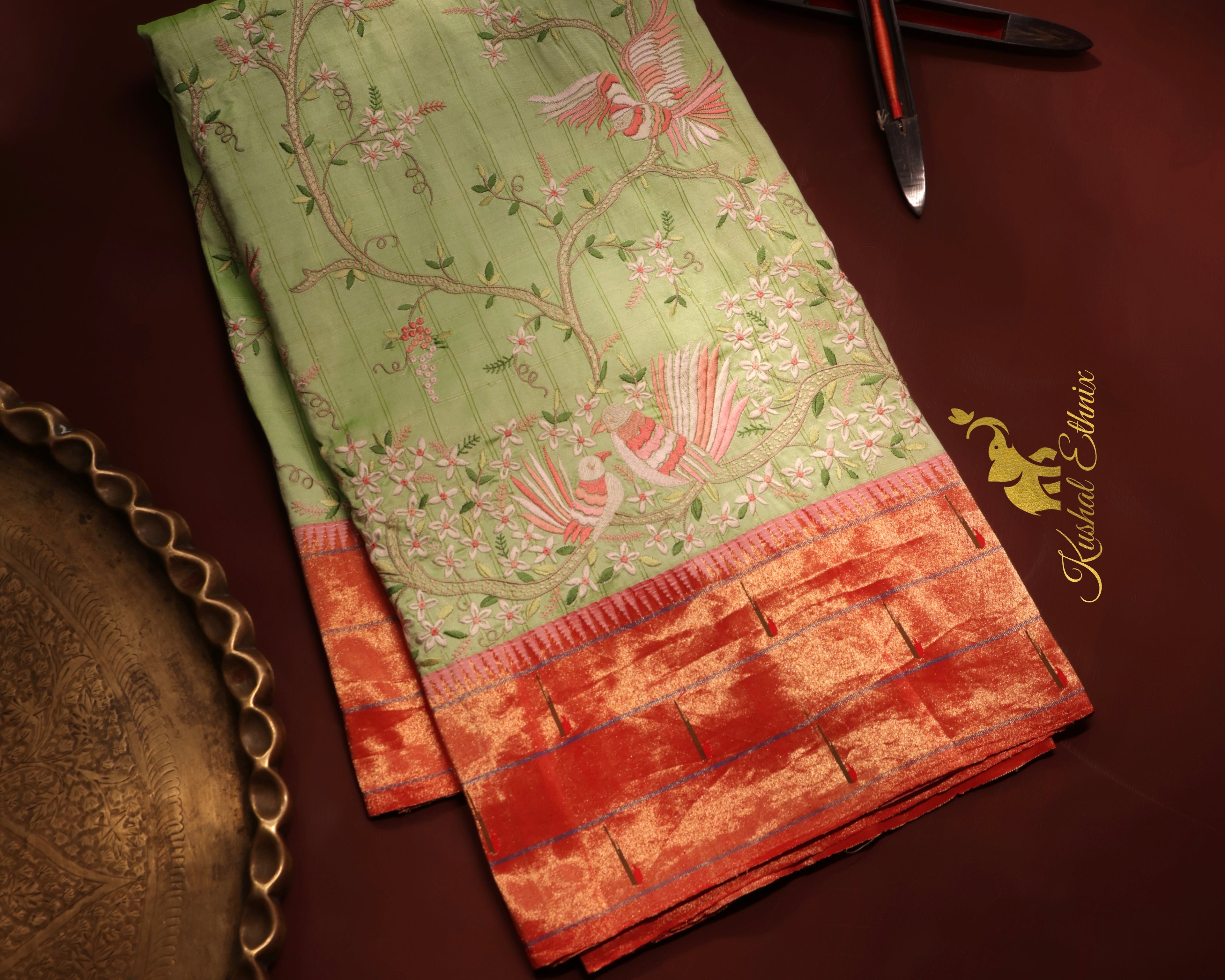 Pastel Green Paithani Saree with Petit Point Work