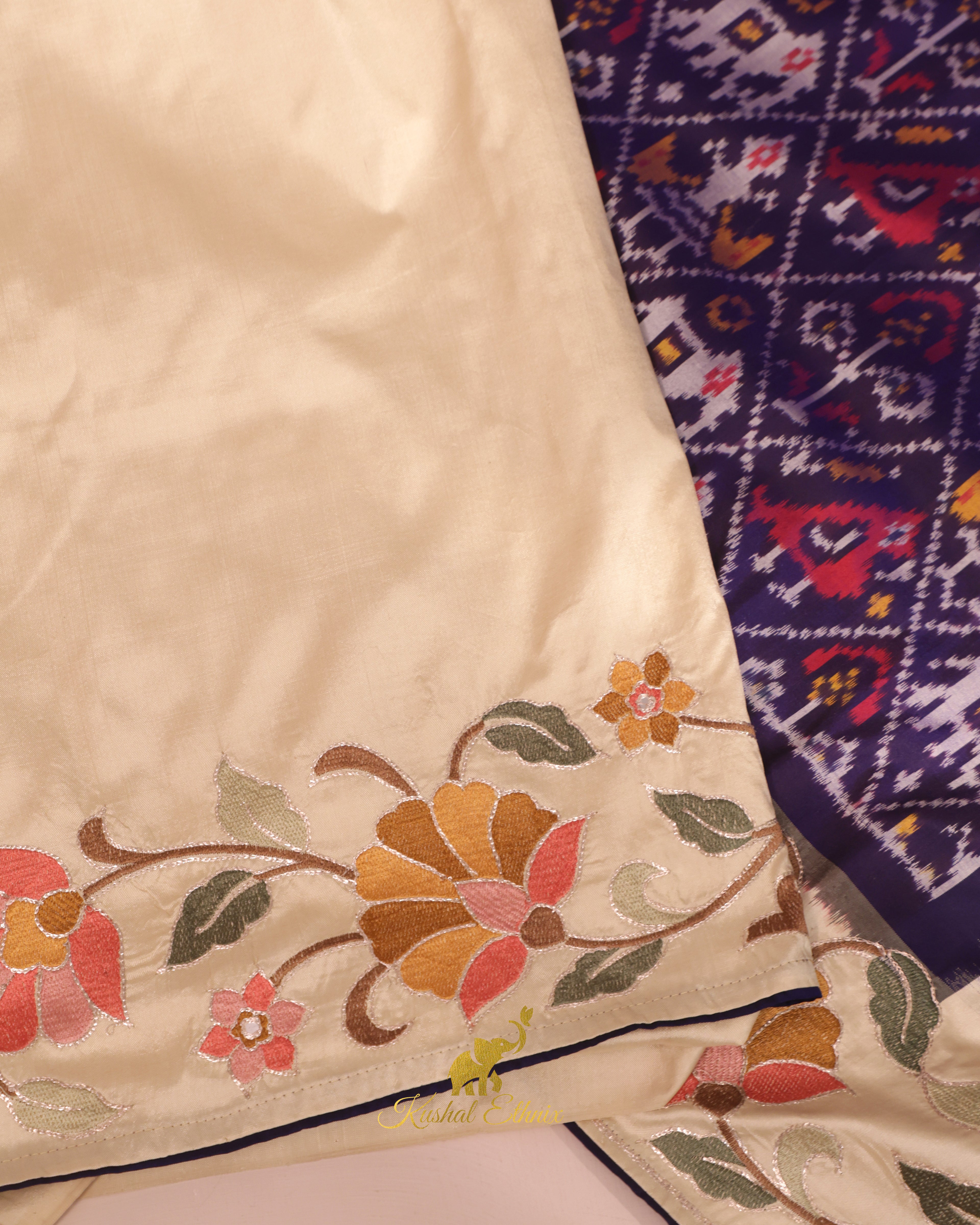 Navy Blue Ikkat Saree with Floral Embroidered Border