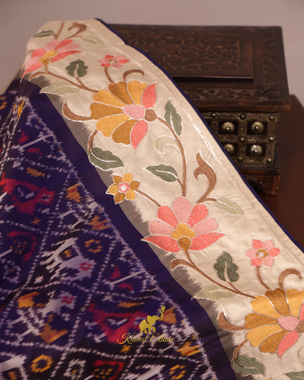 Navy Blue Ikkat Saree with Floral Embroidered Border