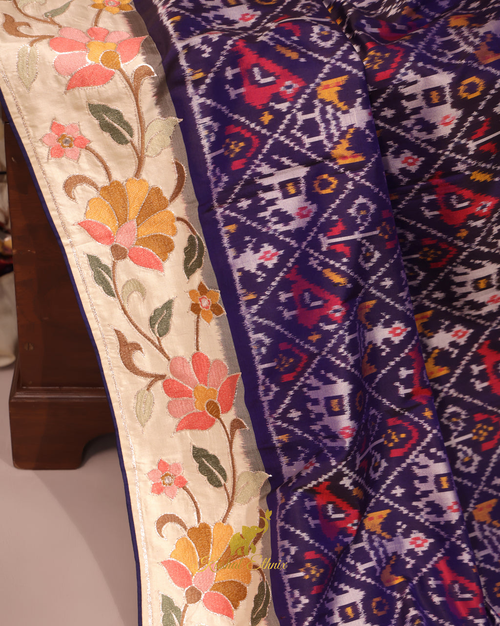Navy Blue Ikkat Saree with Floral Embroidered Border
