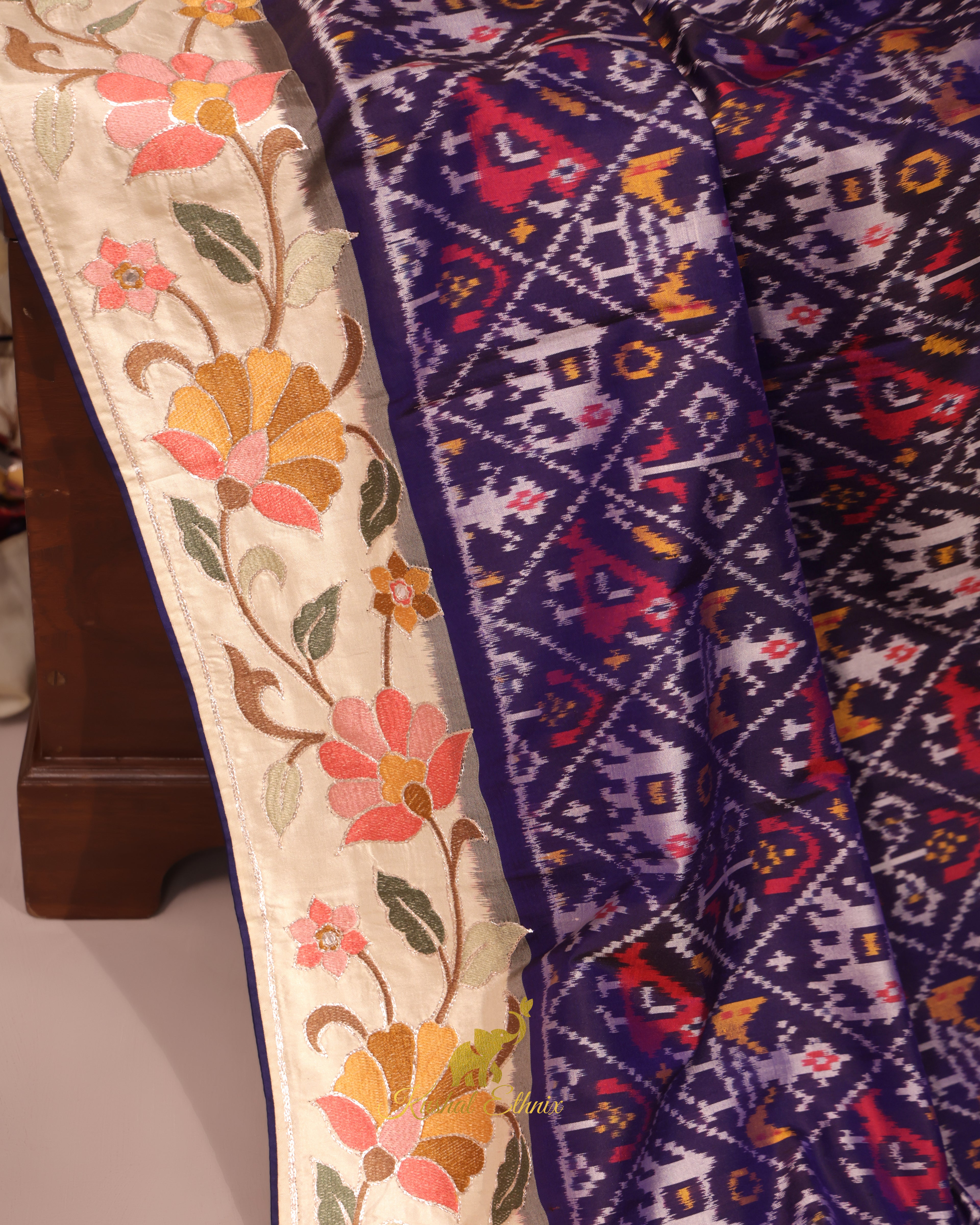 Navy Blue Ikkat Saree with Floral Embroidered Border