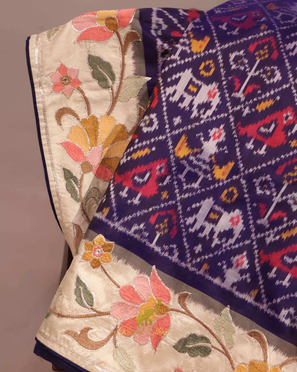 Navy Blue Ikkat Saree with Floral Embroidered Border