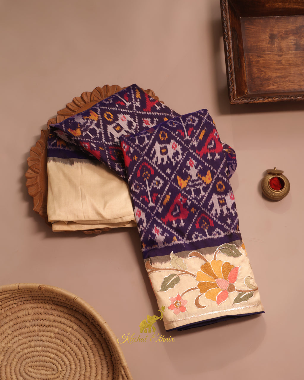 Navy Blue Ikkat Saree with Floral Embroidered Border