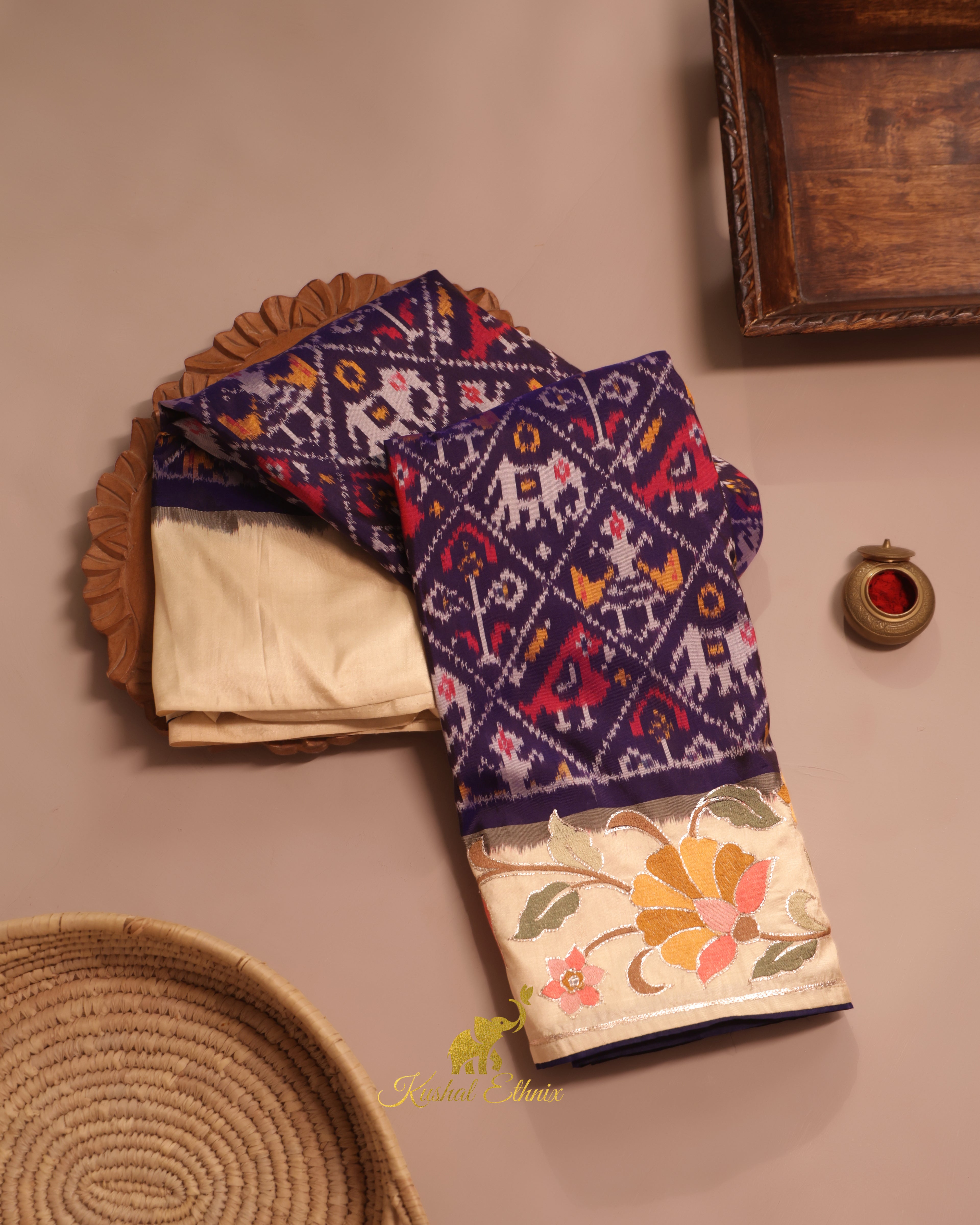 Navy Blue Ikkat Saree with Floral Embroidered Border