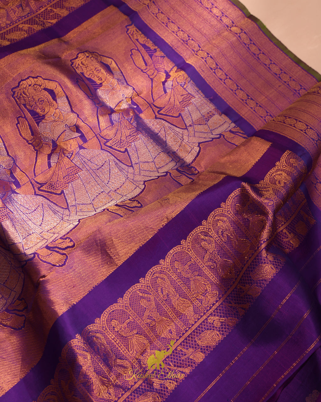 Pista Green & Purple Gadwal Pattu Saree
