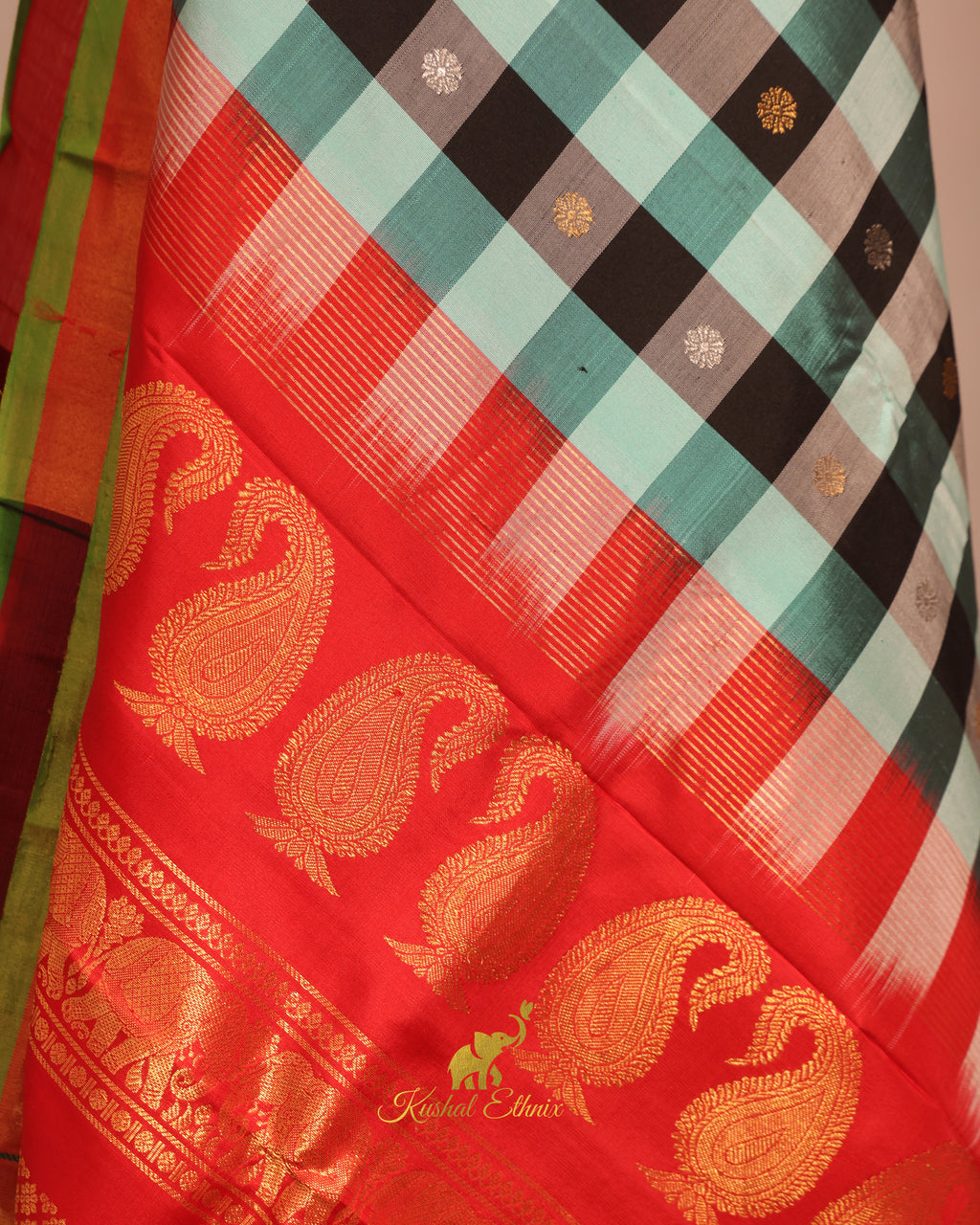 Sky Blue and Black Gadwal Saree with Paithani Border