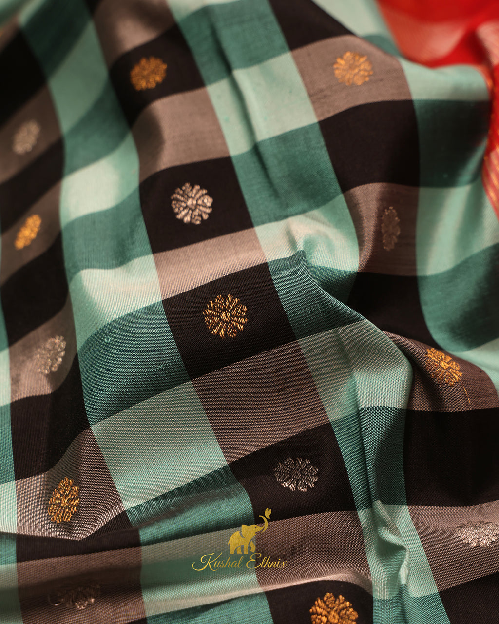 Sky Blue and Black Gadwal Saree with Paithani Border