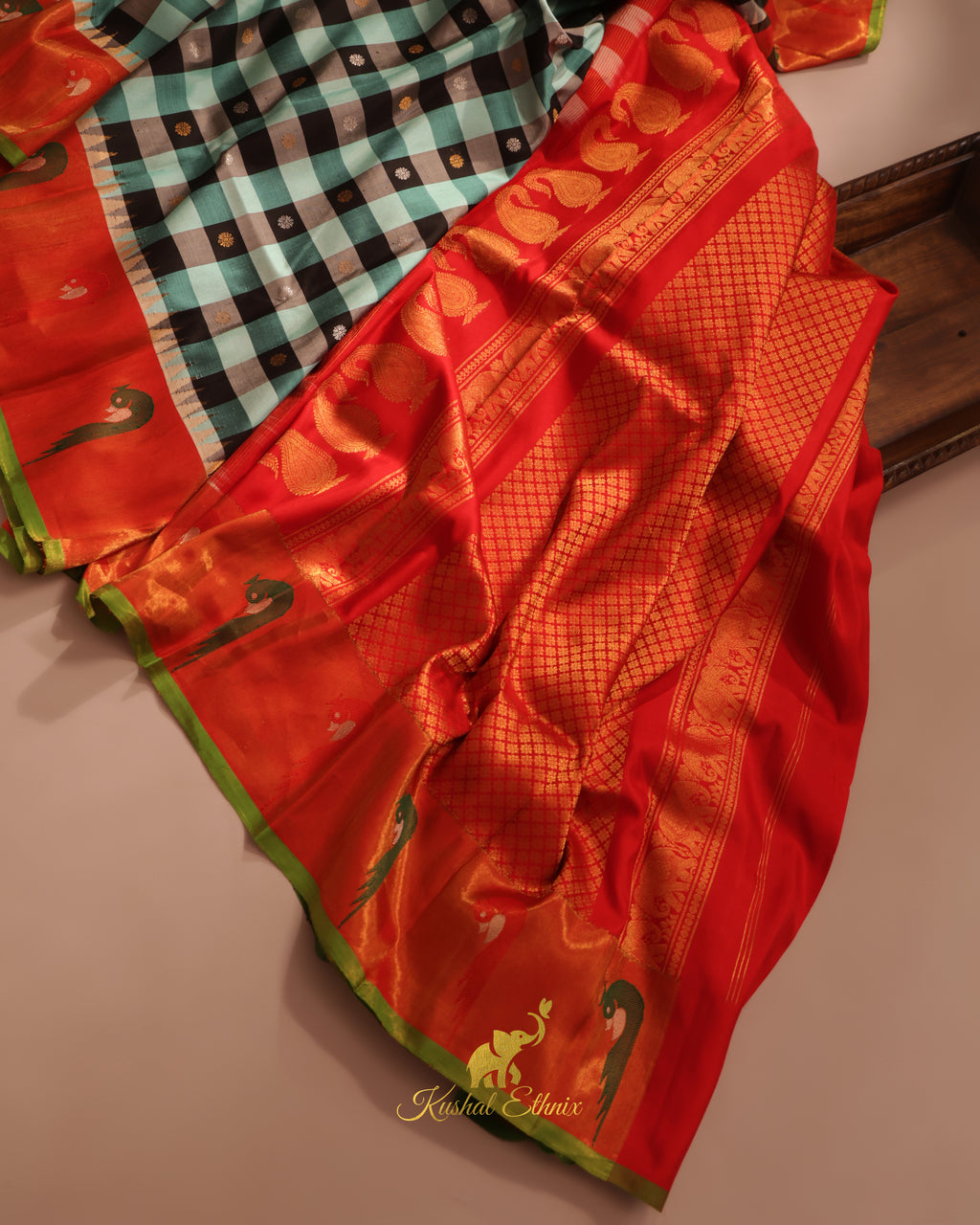 Sky Blue and Black Gadwal Saree with Paithani Border