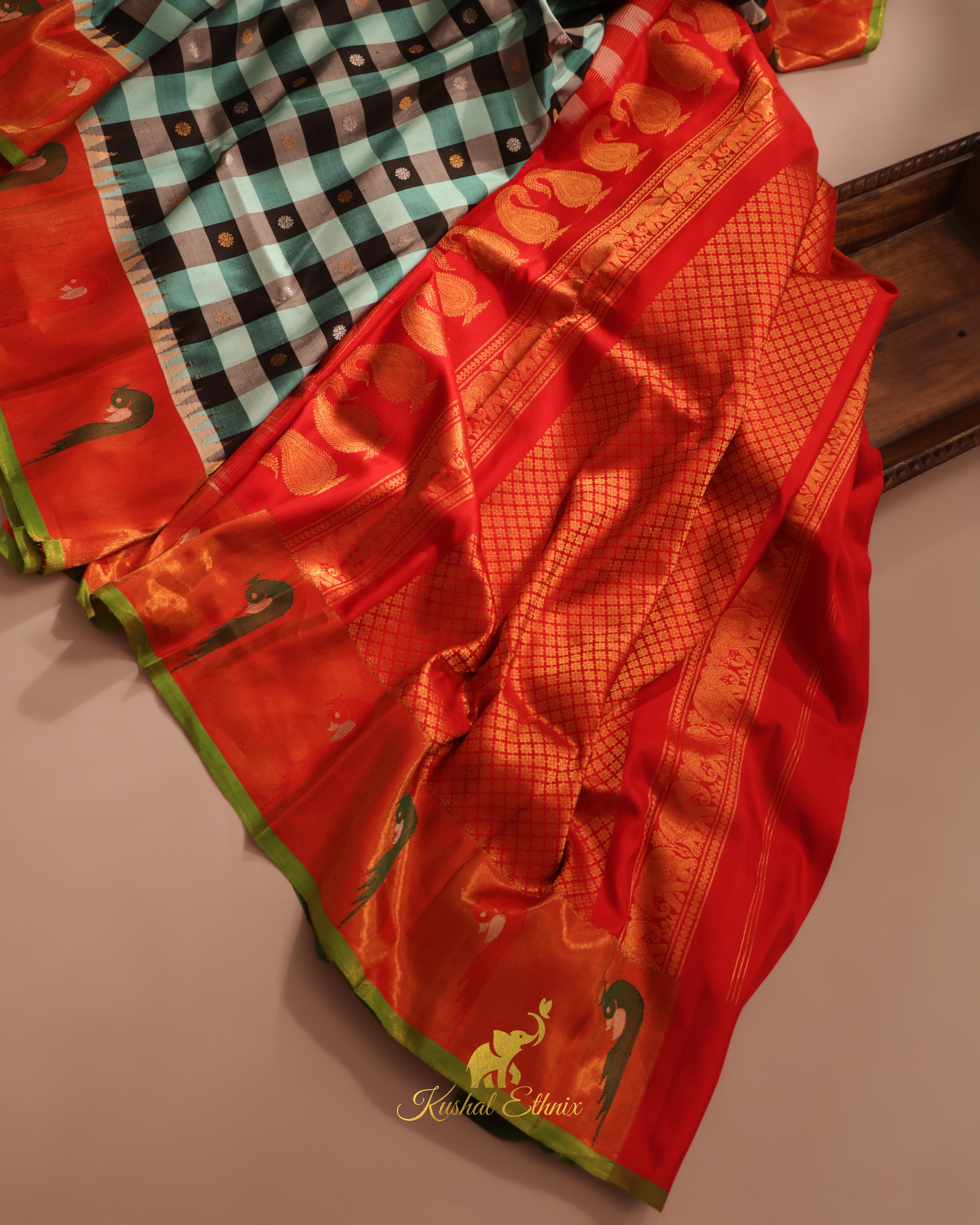 Sky Blue and Black Gadwal Saree with Paithani Border