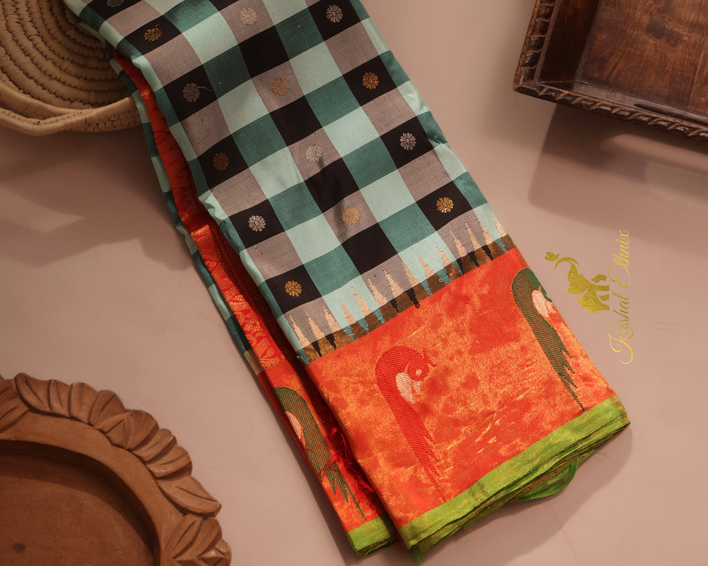 Sky Blue and Black Gadwal Saree with Paithani Border