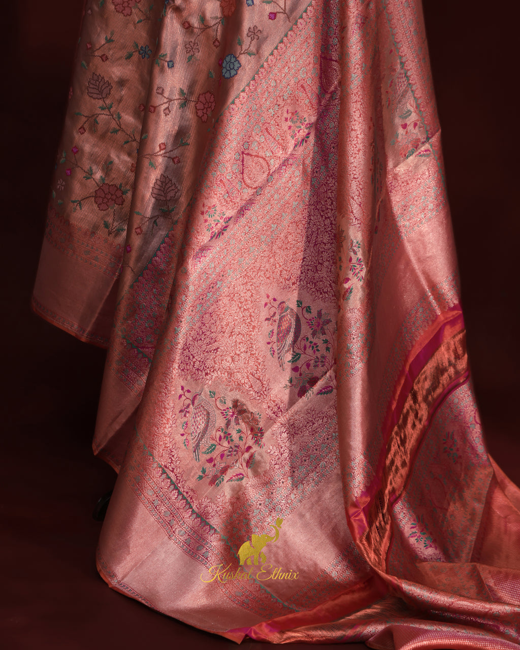 Gold & Pink Kanchipattu Saree with Petit Point Work