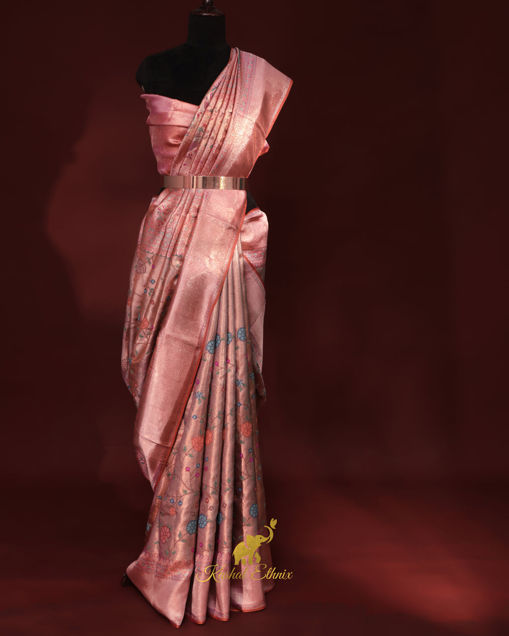 Gold & Pink Kanchipattu Saree with Petit Point Work
