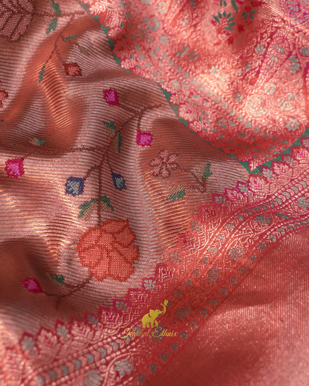 Gold & Pink Kanchipattu Saree with Petit Point Work