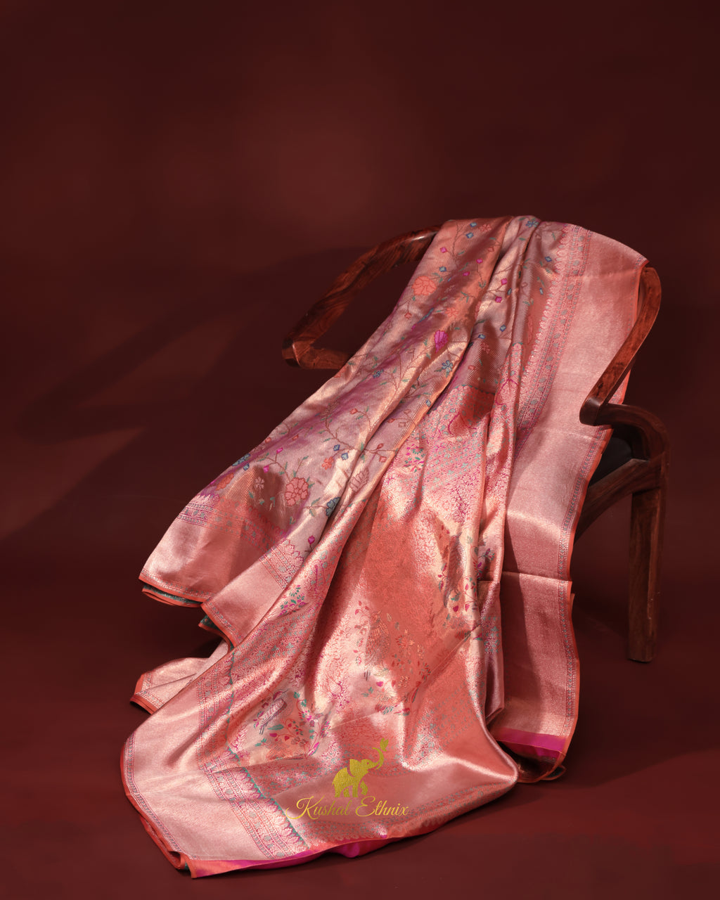 Gold & Pink Kanchipattu Saree with Petit Point Work