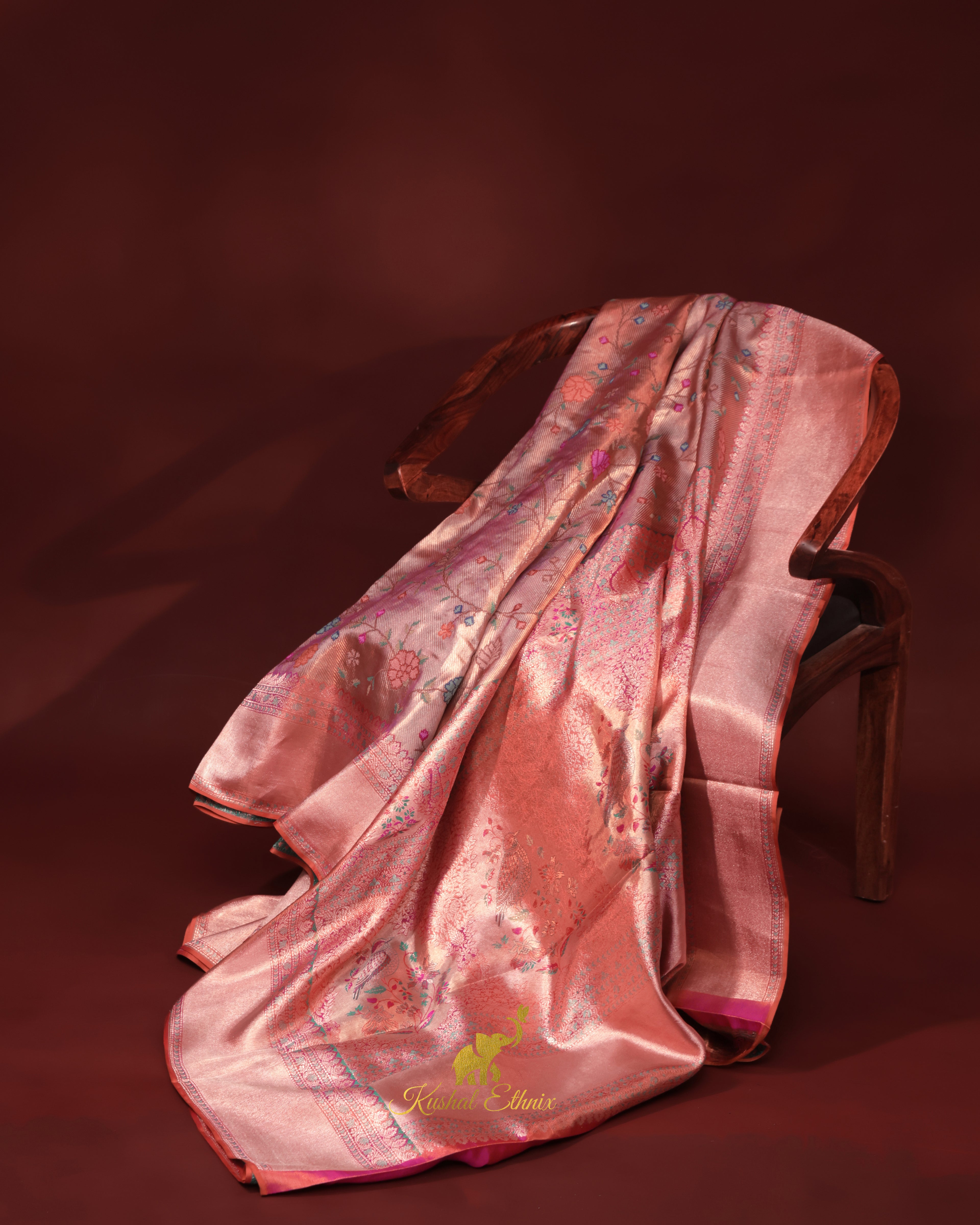 Gold & Pink Kanchipattu Saree with Petit Point Work