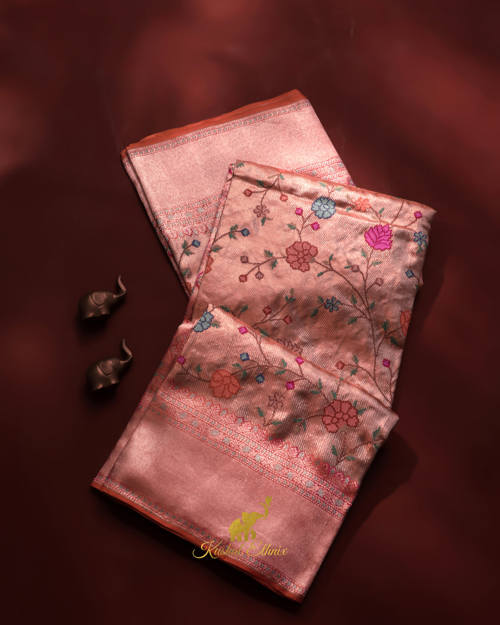 Gold & Pink Kanchipattu Saree with Petit Point Work