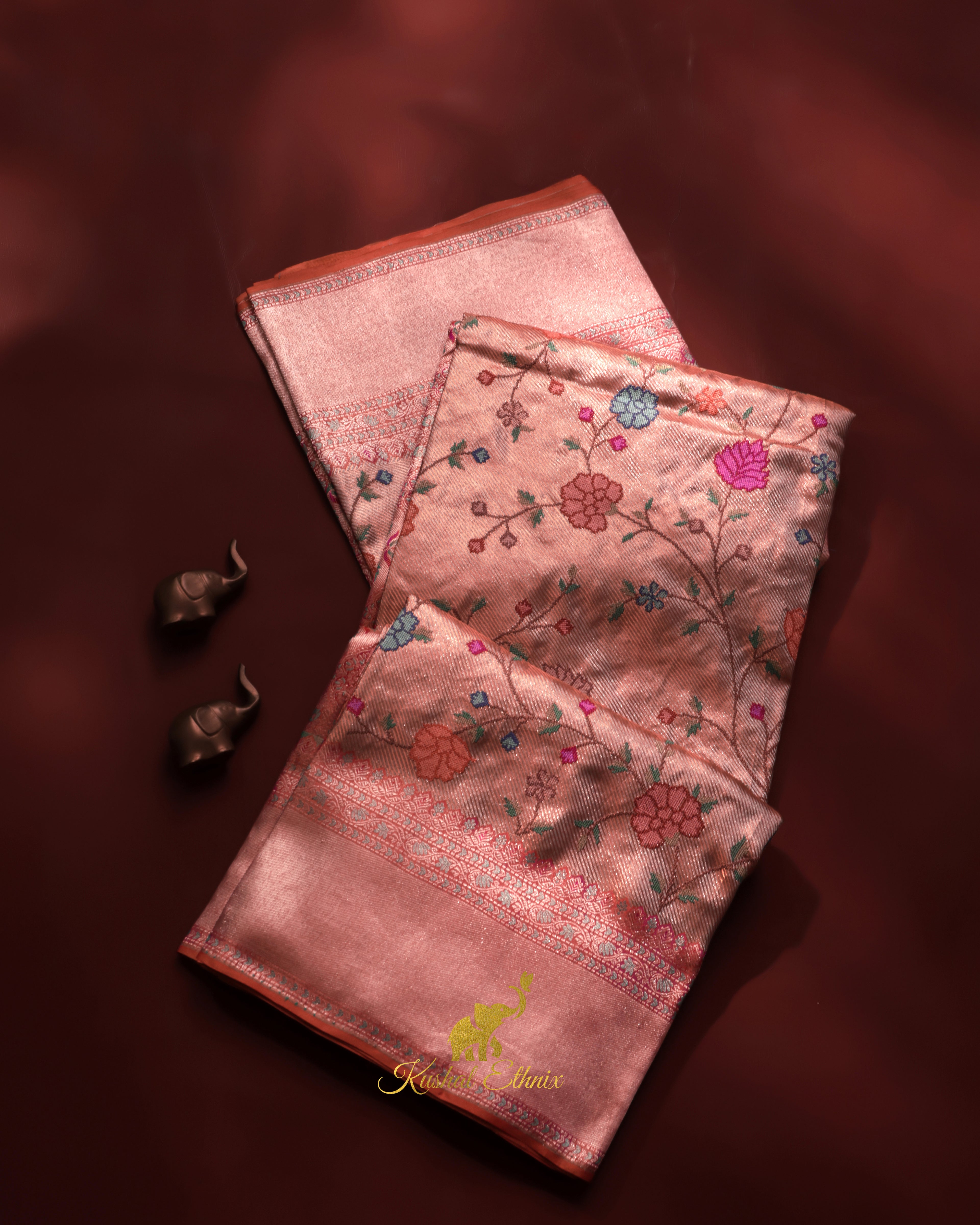 Gold & Pink Kanchipattu Saree with Petit Point Work